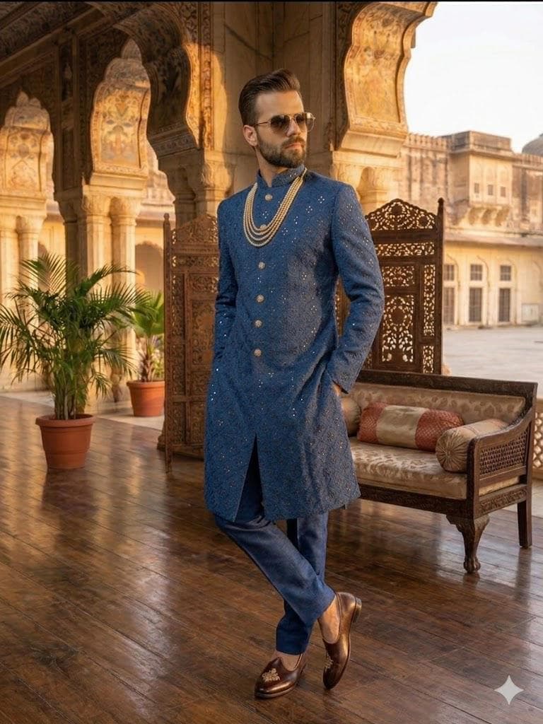 Men’s Blue Mirror Work Sherwani, Indian Wedding Groom Outfit, Indo Western Sherwani Men Ethnic - image 3