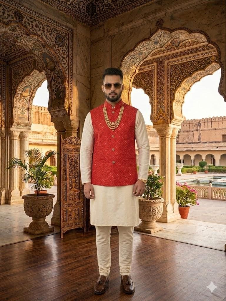 Men’s Red Nehru Jacket, Indian Wedding Waistcoat, Ethnic Jacket for Men, Festive , Groom Outfit