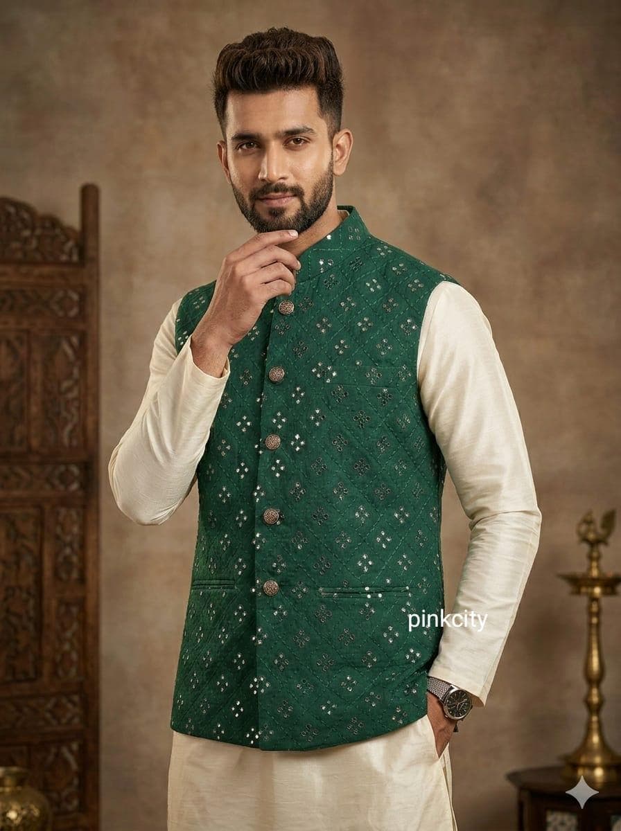 Green Mirror Work Nehru Jacket for Men | Festive Indian Wedding Waistcoat Groom Modi Vest - image 3
