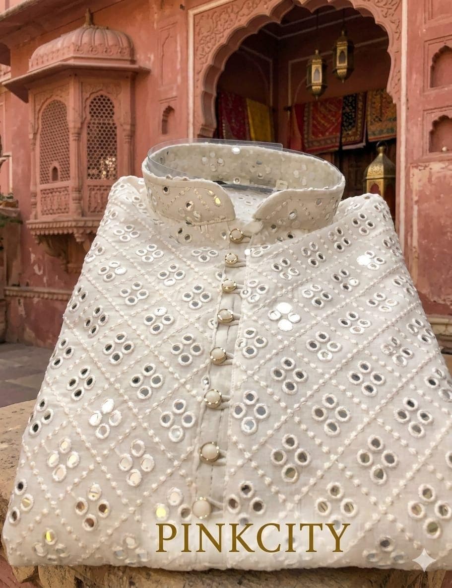 Ivory Mirror Work Sherwani for Men | Wedding Groom Ethnic Wear, Royal Style