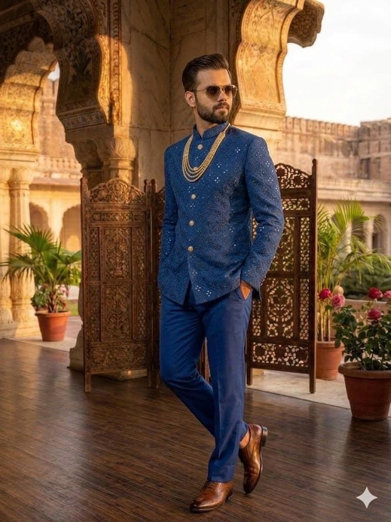 Men’s Blue Jodhpuri Suit, Bandhgala Suit for Wedding, Indian Groom Outfit, Indo Western Men - image 5