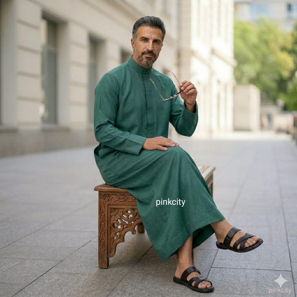 Emerald Green Men's Thobe | Cotton-Linen Blend Jubba, Islamic Kaftan - image 3