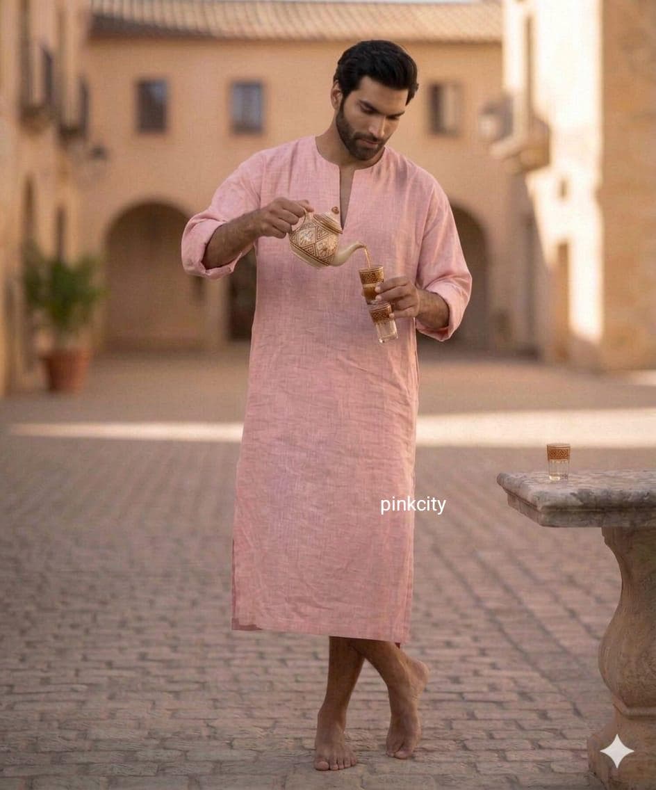 Men's Pink Linen Kaftan Thobe, Arabic Jubba, Islamic Modest Prayer Robe - image 3