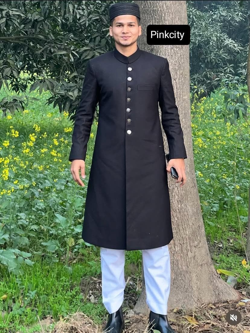 Black Sherwani Men, Wedding Groom Indo Western Indian Ethnic Long Coat Kurta Set - image 3
