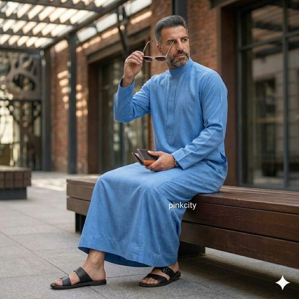 Sky Blue Cotton Thobe – Modern Emirati Style Jubba, Saudi Dishdasha - image 3