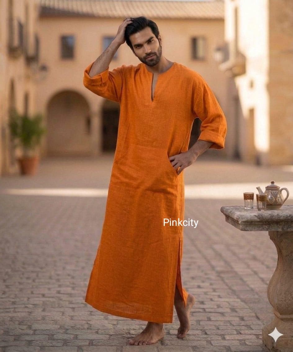 Men's Orange Linen Kaftan Thobe, Arabic Jubba Robe, Islamic Modest Wear - image 3