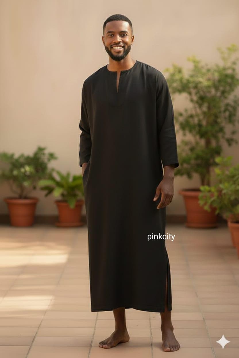 Men's Black Moroccan Kaftan Robe | Minimalist Cotton Loungewear, Meditation Style - image 3