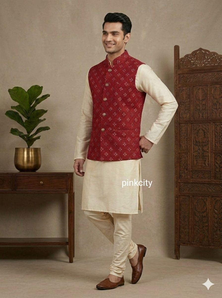 Men's Red Embroidered Nehru Jacket Kurta Set, Cream Pajama, Wedding Groom Ethnic Wear - image 4