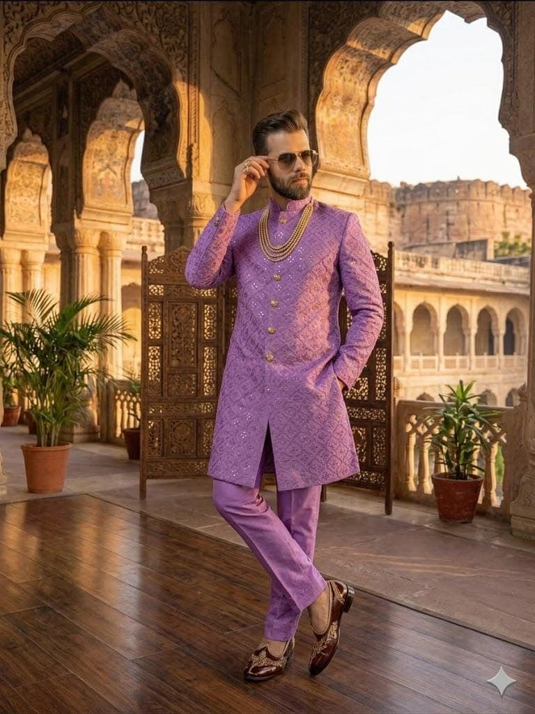 Men’s Purple Mirror Work Sherwani, Indian Wedding Groom Outfit, Indo Western Sherwani for Men