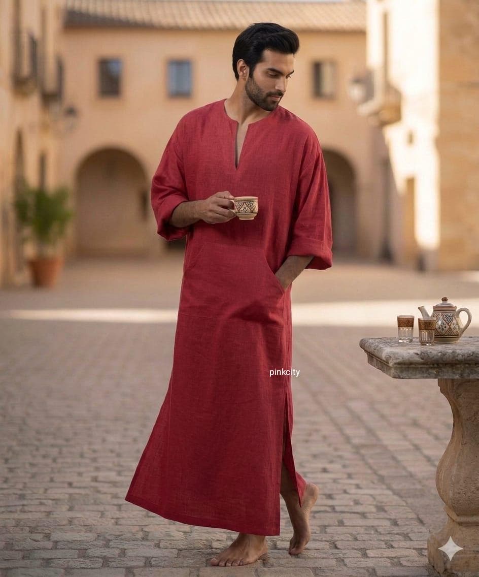 Men's Orange Linen Kaftan Thobe, Arabic Jubba Robe, Islamic Modest Wear - image 5