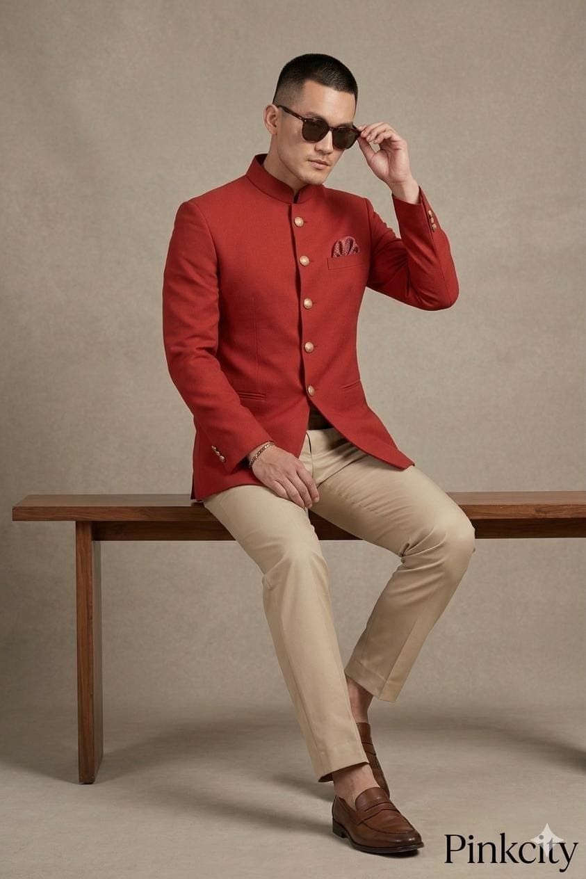 Men's Red Jodhpuri Suit | Bandhgala Wedding Groom Indian Ethnic Wear Jacket Set - image 4