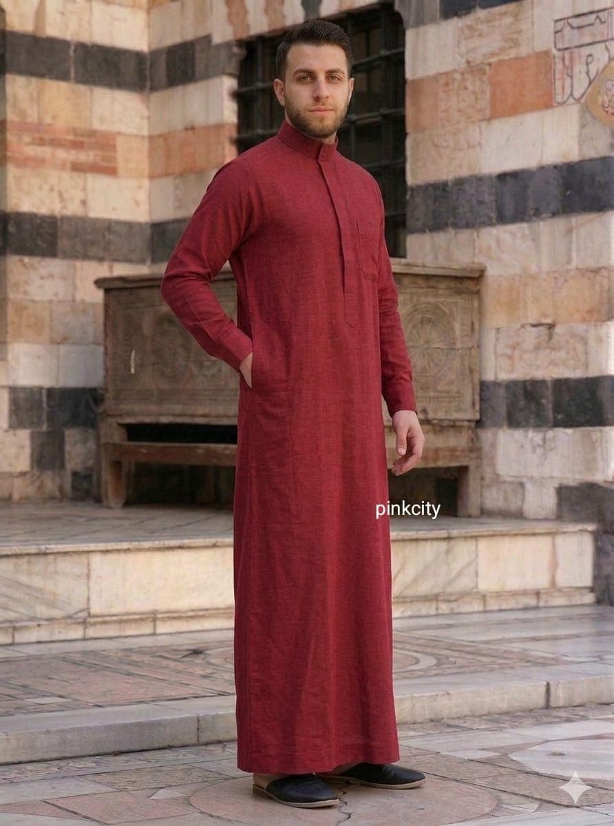 Men Maroon Thobe Jubba, Islamic Long Kurta, Muslim Prayer , Eastern Thobe, Ramadan Eid Clothing - image 3