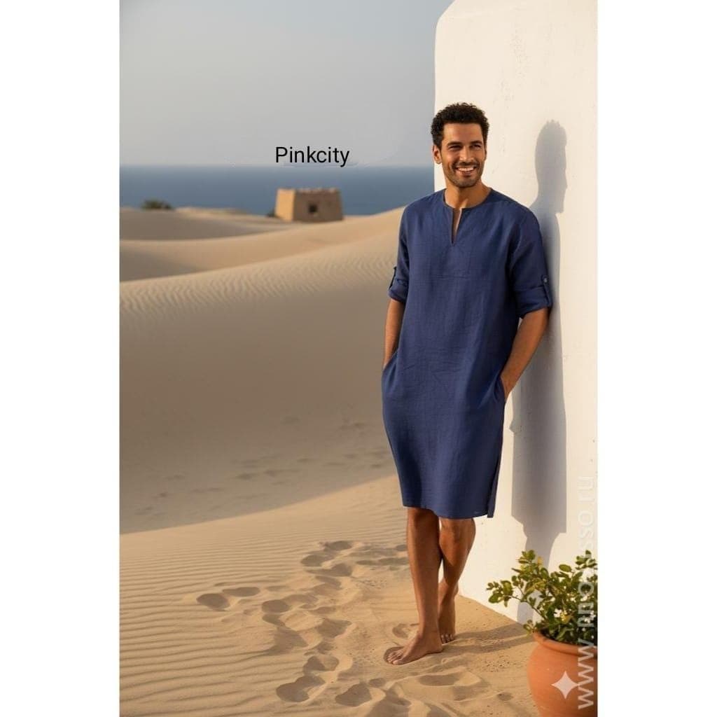 Men's White Linen Kaftan, Minimalist Summer Thobe, Beach Resort Arabic Tunic Eid Outfit - image 4