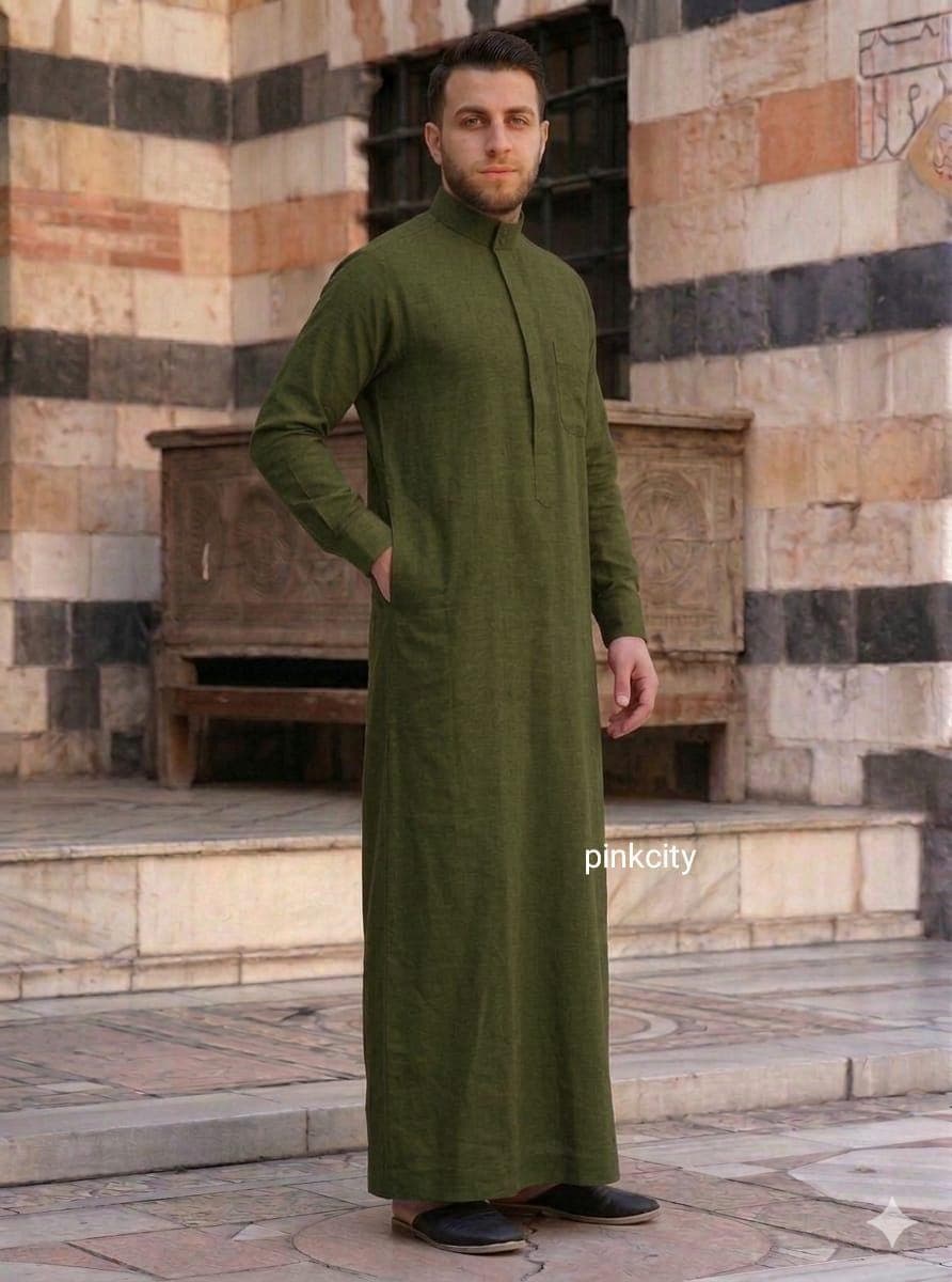 Men’s Olive Green Thobe Jubba, Islamic Long Kaftan, Prayer Dress, Eid Ramadan , Arabic Jubba - image 3