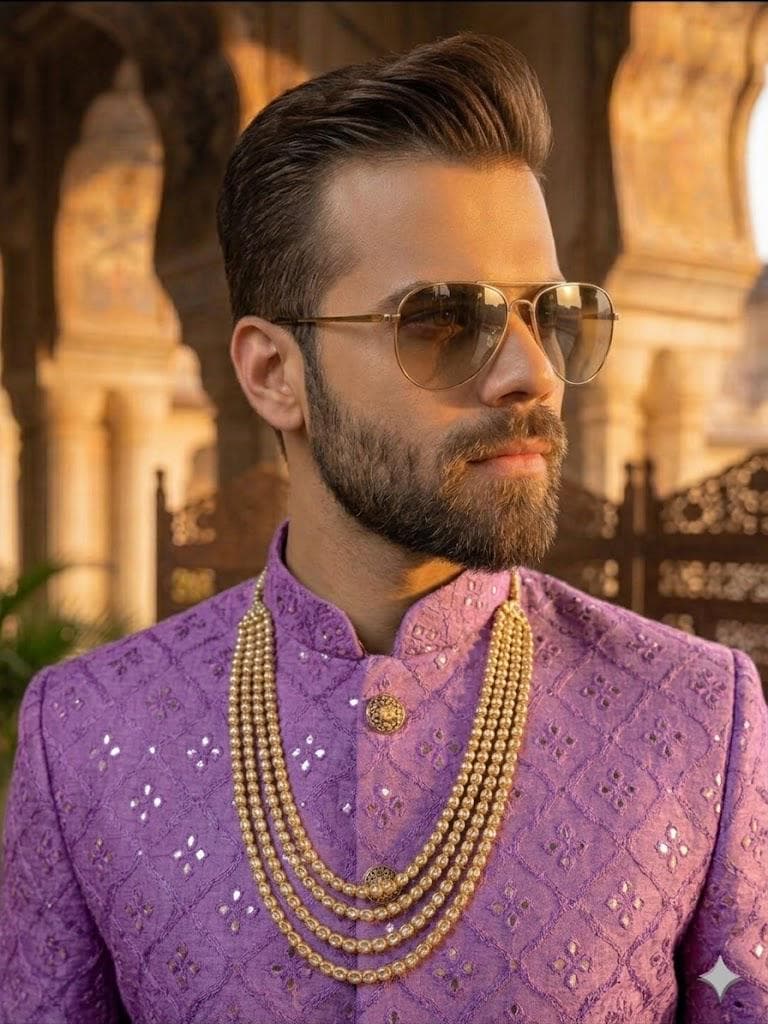 Men’s Purple Mirror Work Sherwani, Indian Wedding Groom Outfit, Indo Western Sherwani for Men - image 5