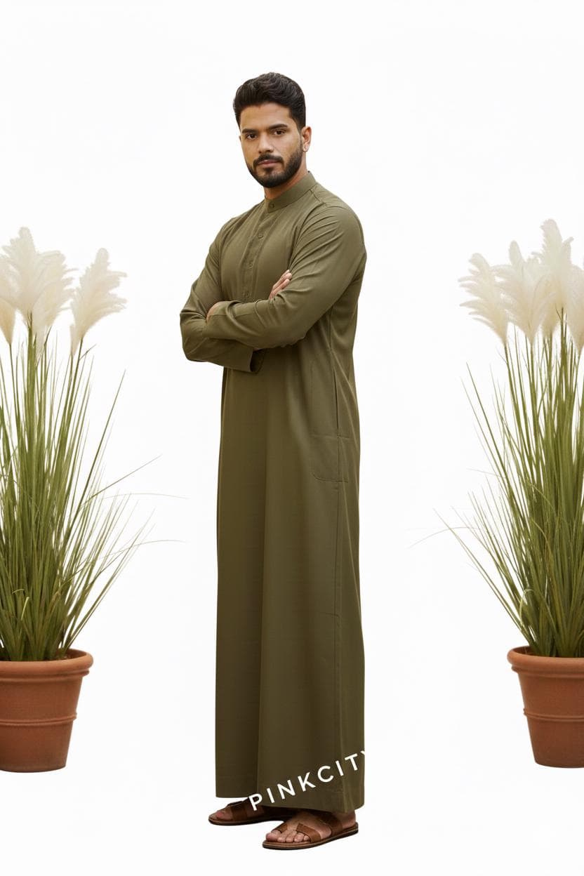 Men's Olive Green Thobe | Modest Islamic Jubba, Arabic Thawb for Eid Ramadan - image 5