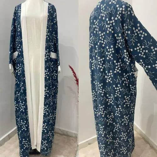 Blue Floral Kimono Abaya | Modest Open Front Duster | Handmade Tunisian Layering Piece
