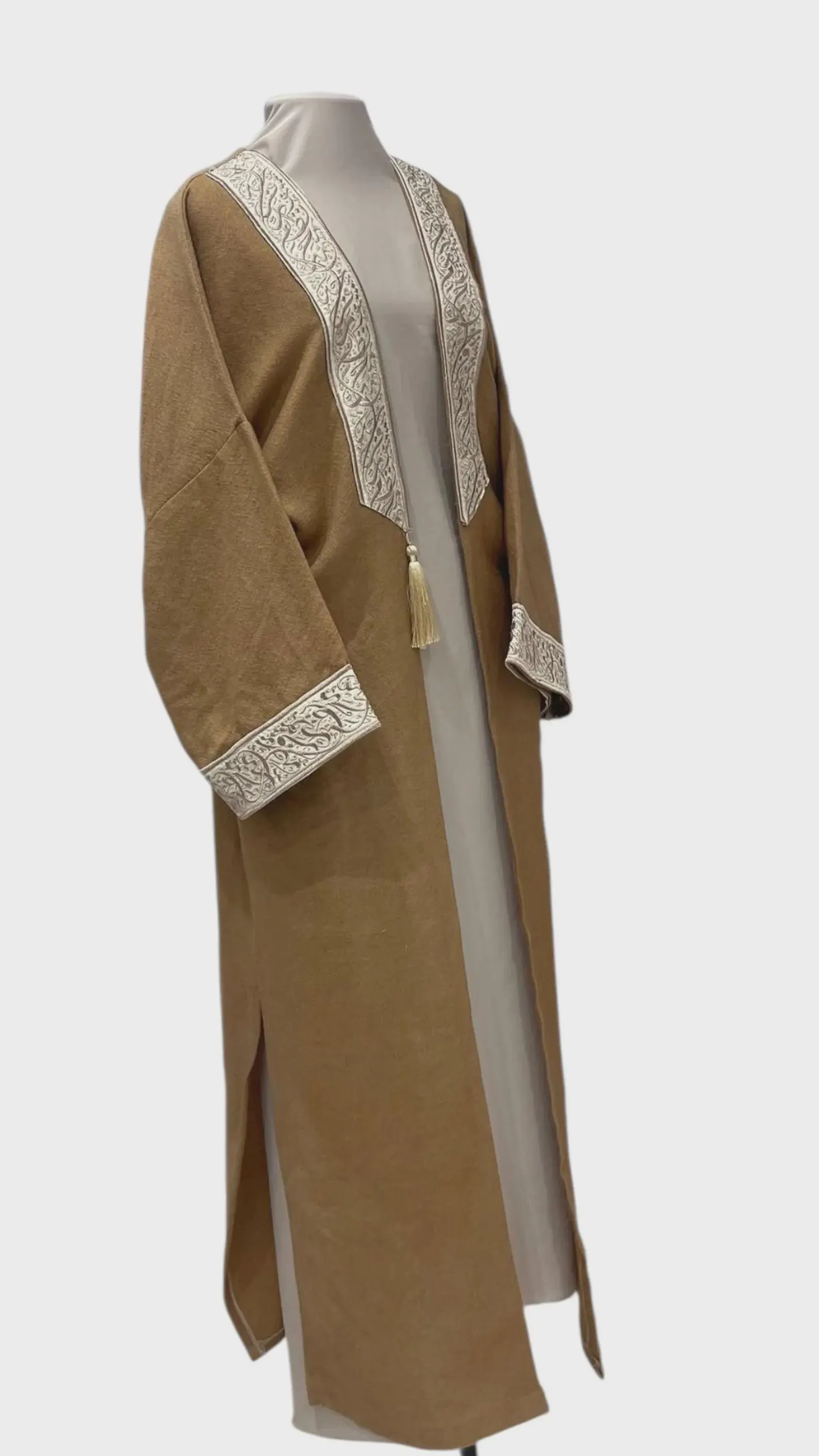 Handmade Tunisian Haik Abaya – Natural Earth Tone with Embroidered Trim - image 5