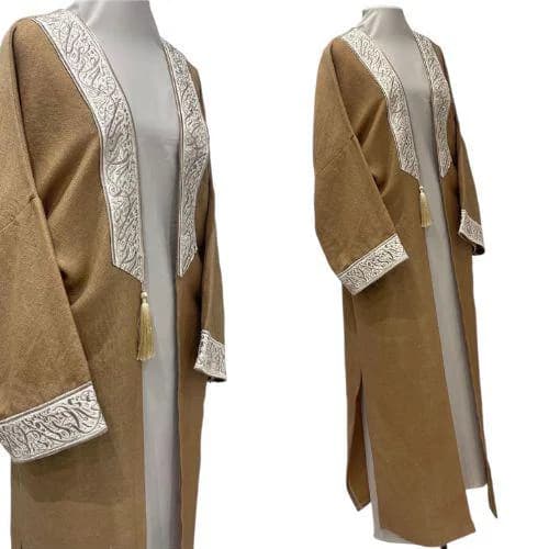 Handmade Tunisian Haik Abaya – Natural Earth Tone with Embroidered Trim
