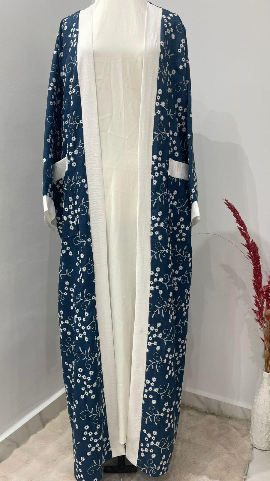 Blue Floral Kimono Abaya | Modest Open Front Duster | Handmade Tunisian Layering Piece - image 3