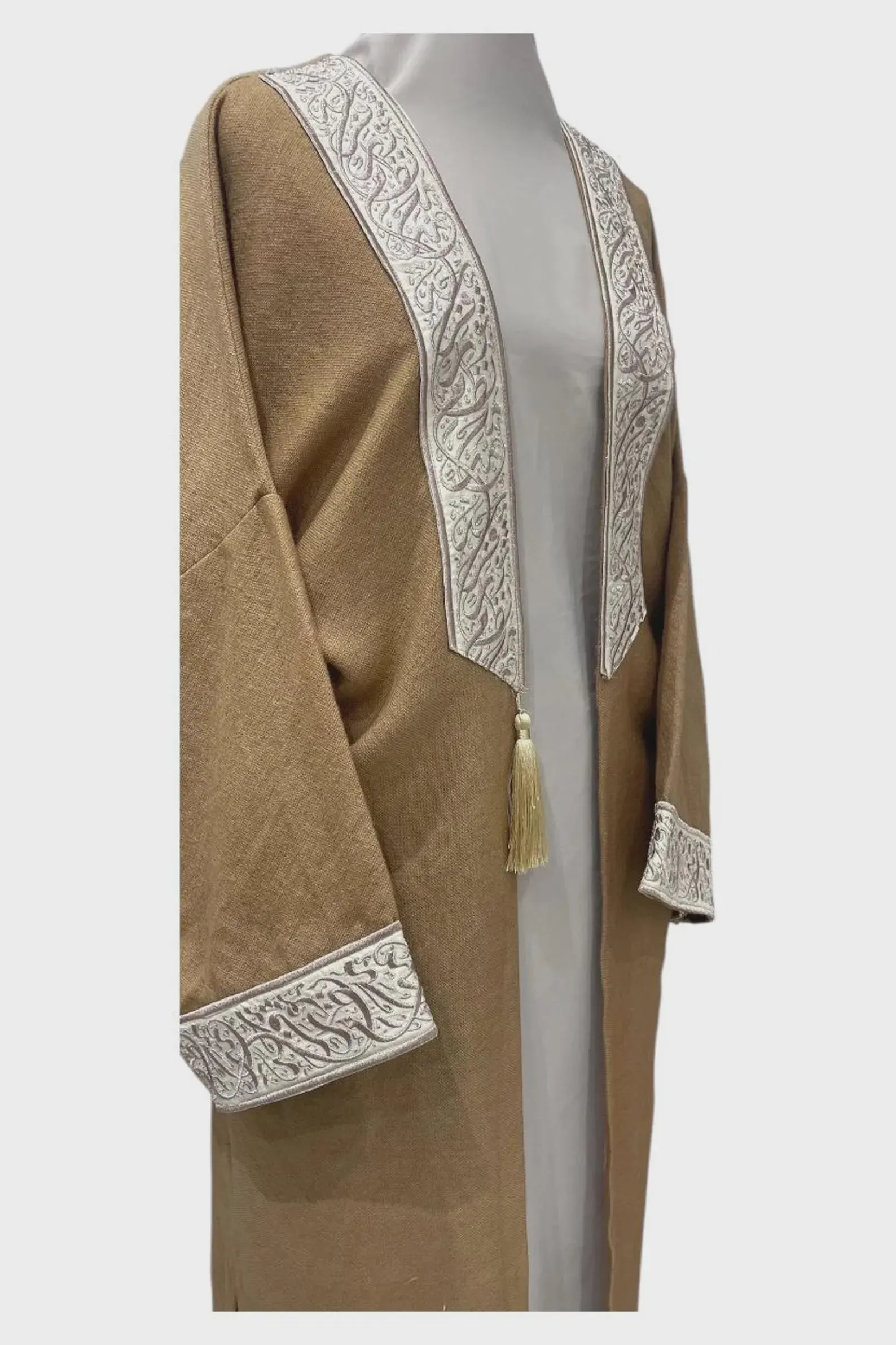 Handmade Tunisian Haik Abaya – Natural Earth Tone with Embroidered Trim - image 4