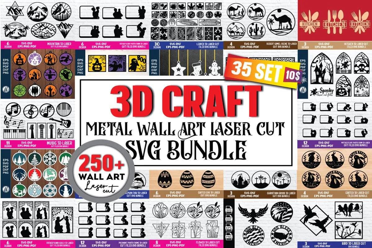 3D Metal Wall Art SVG Bundle, 250+ Laser Cut Designs (Digital Download)