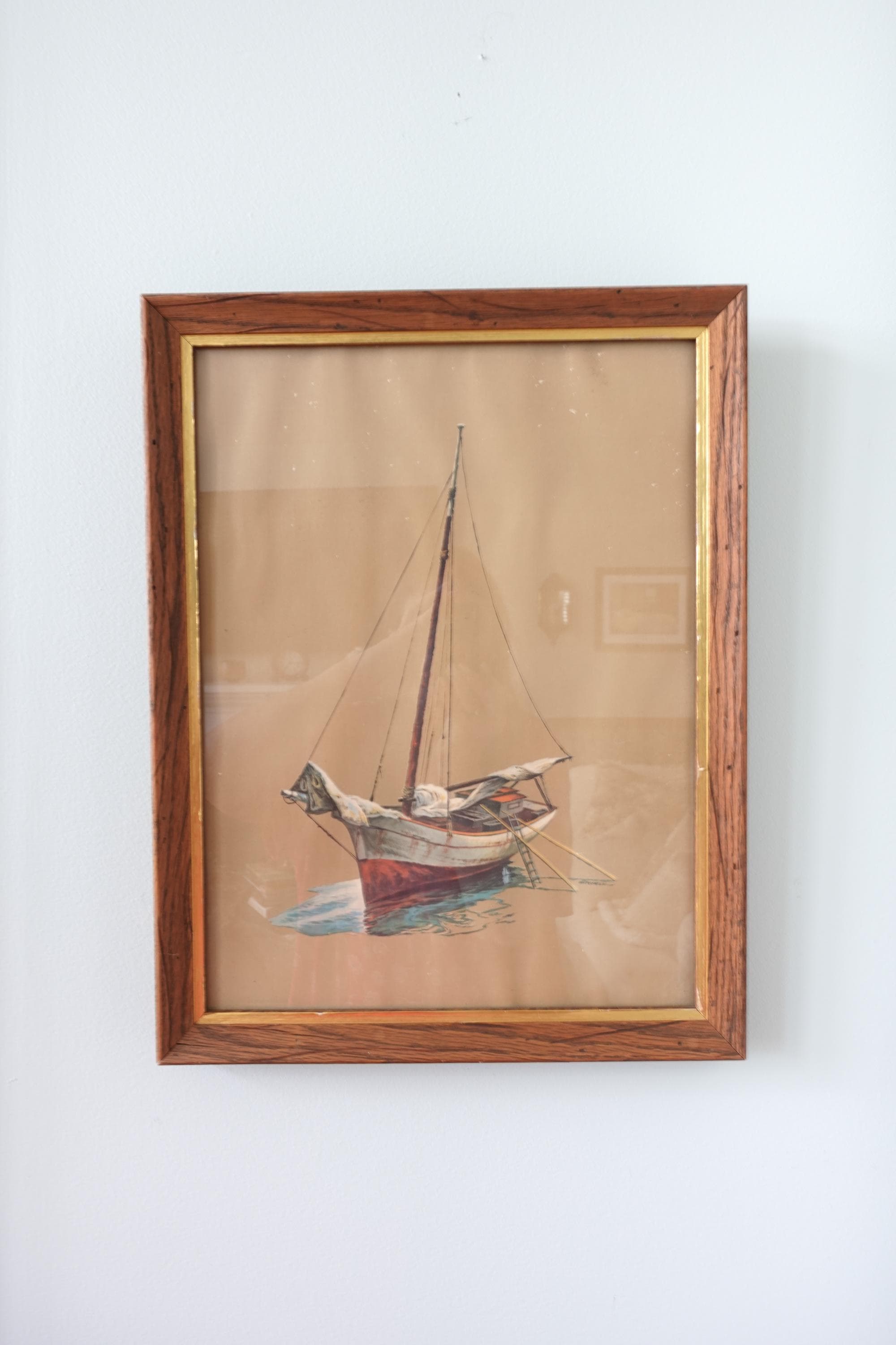 Vintage Signed Sailboat Print Framed Nautical Wall Art Rustic Wood Frame Maritime Coastal Decor