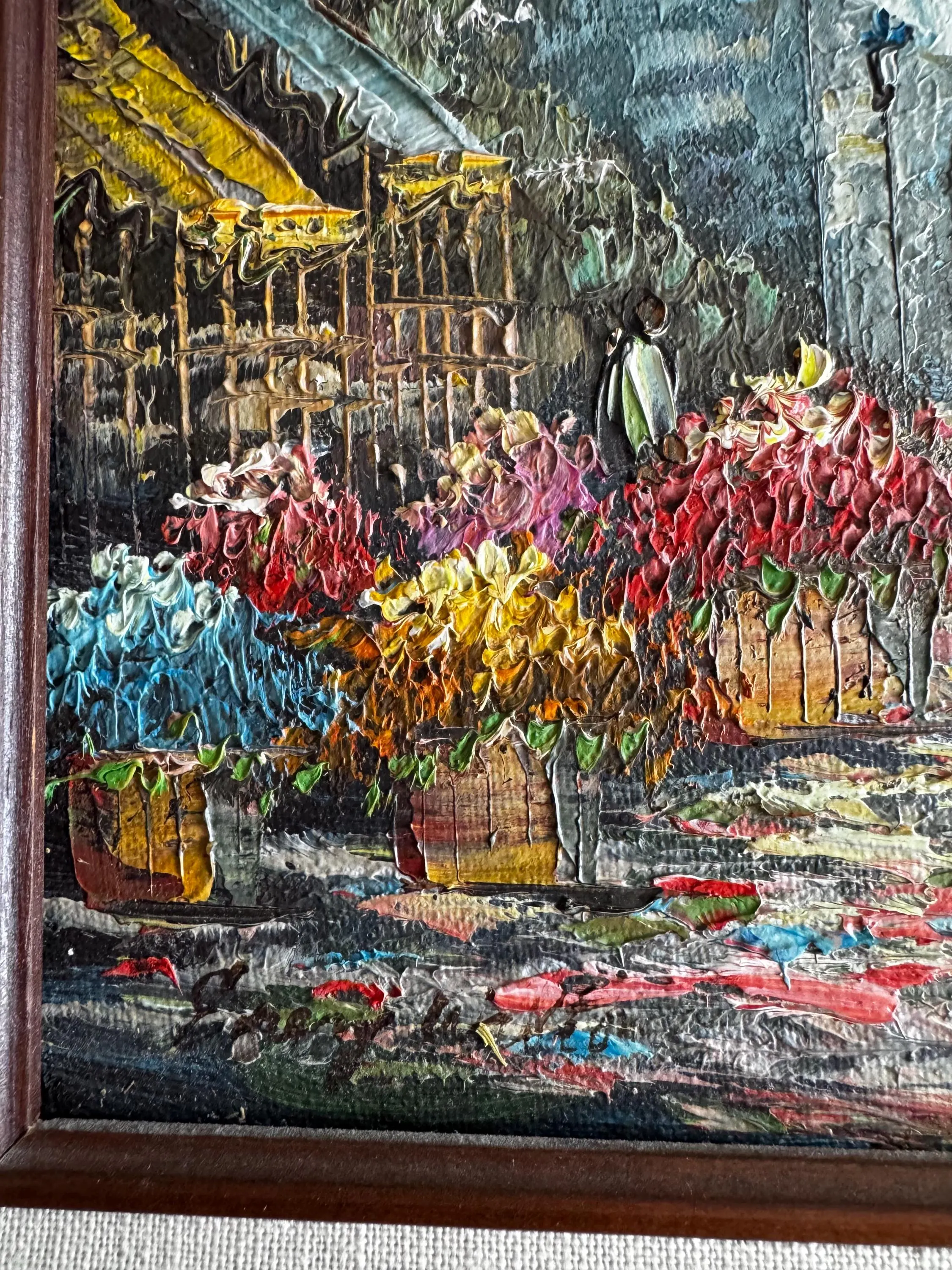Vintage Original Oil Painting European Flower Market | Impasto Street Scene | Framed Mid Century Art