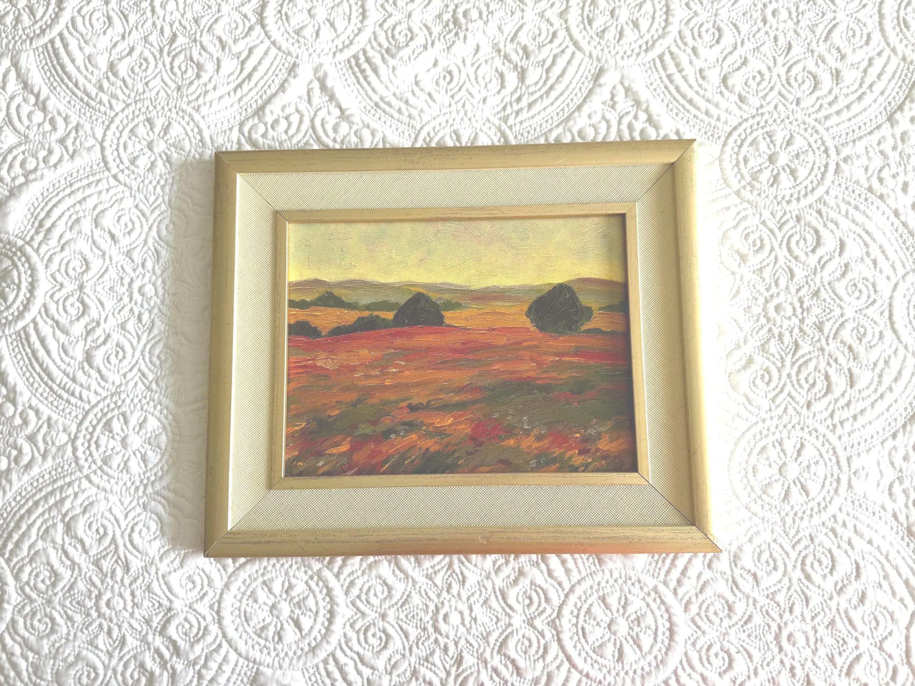 Vintage Original Oil Landscape Painting Signed Artist Autumn Fields Mid Century Framed Wall Art