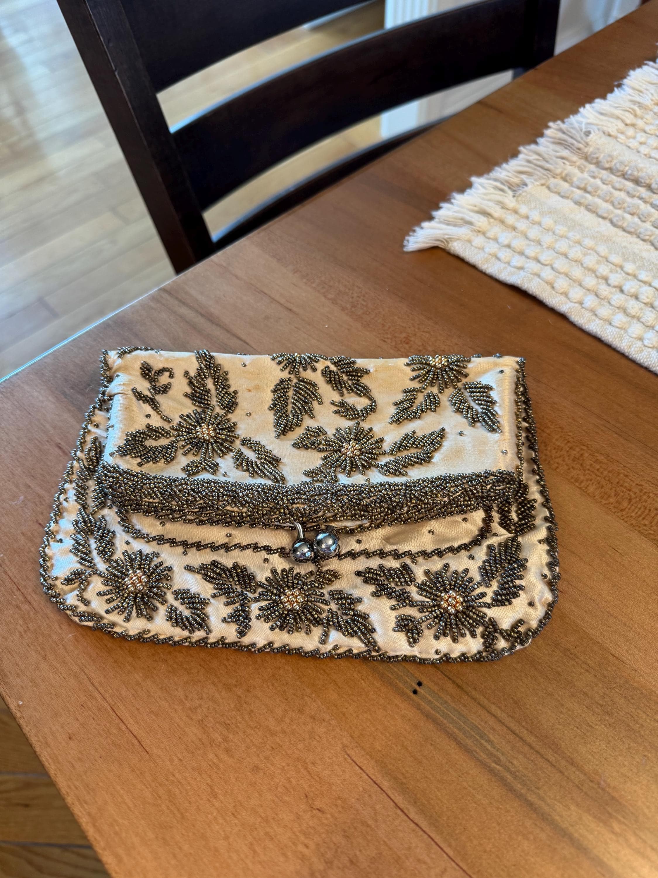 Vintage Satin Evening Clutch Purse with Intricate Metallic Beadwork