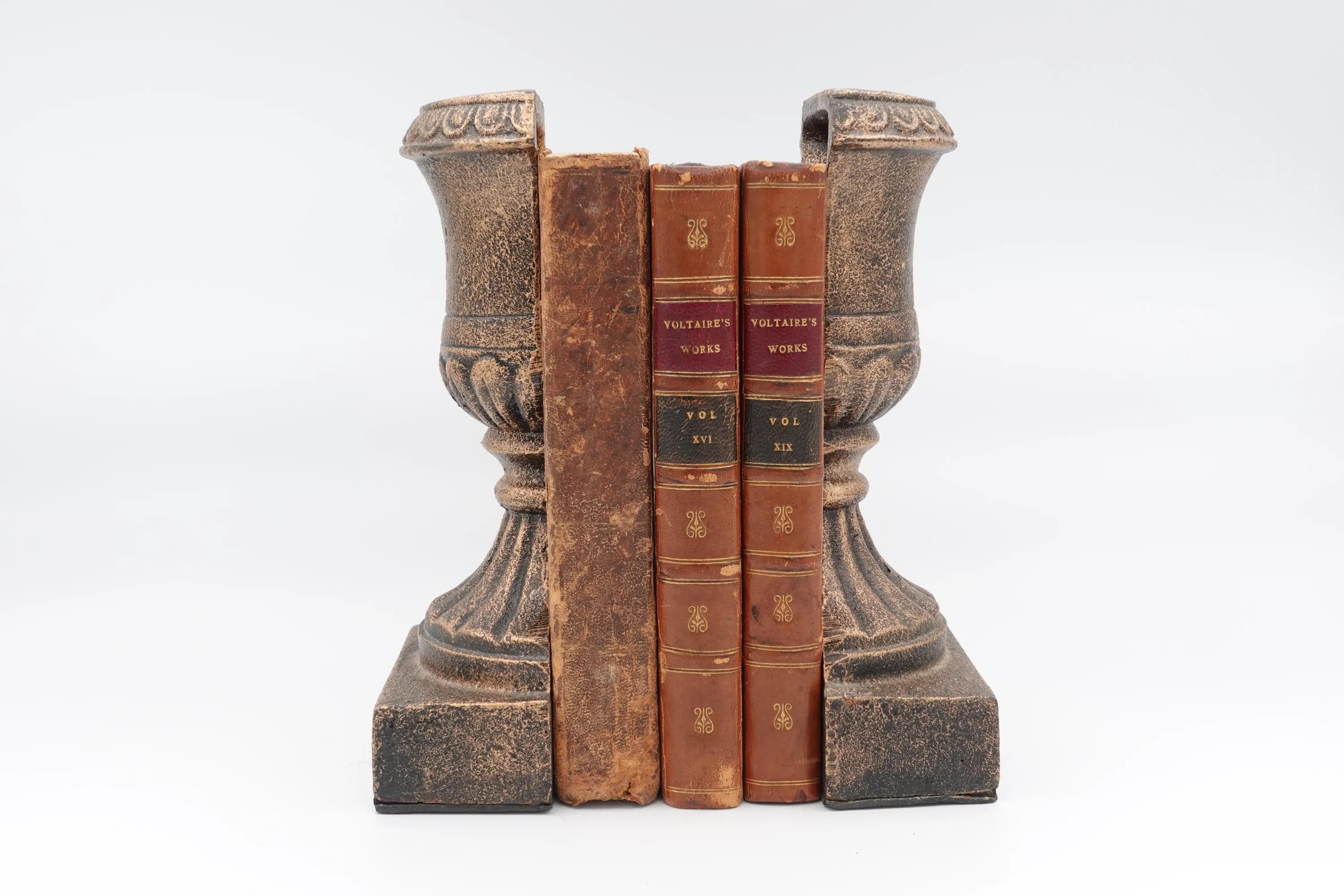 Cast Iron Urn Bookends Pair | Antiqued Bronze Classical Pedestal Book Ends | Old World Library Decor