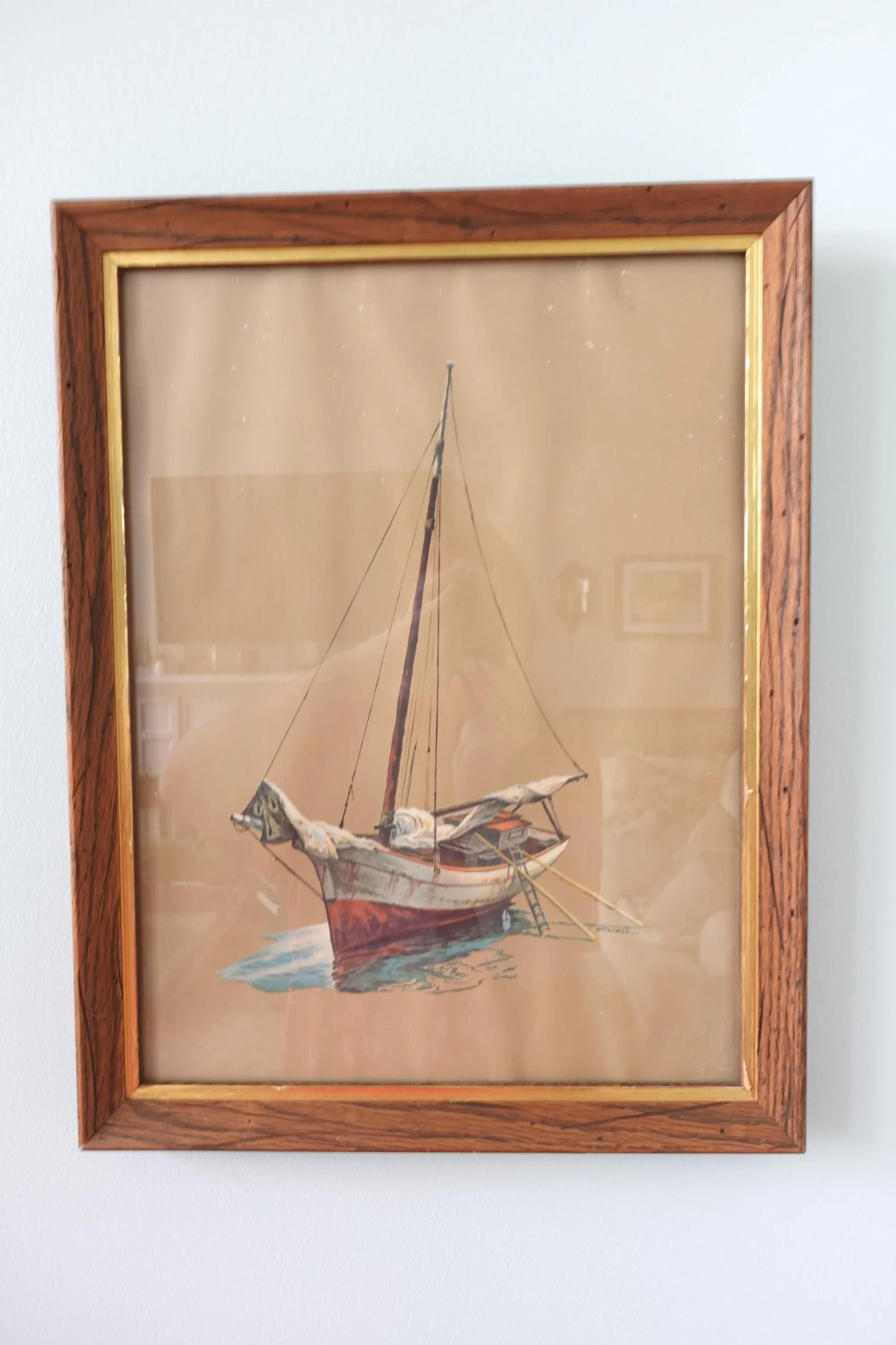 Vintage Signed Sailboat Print Framed Nautical Wall Art Rustic Wood Frame Maritime Coastal Decor - image 3