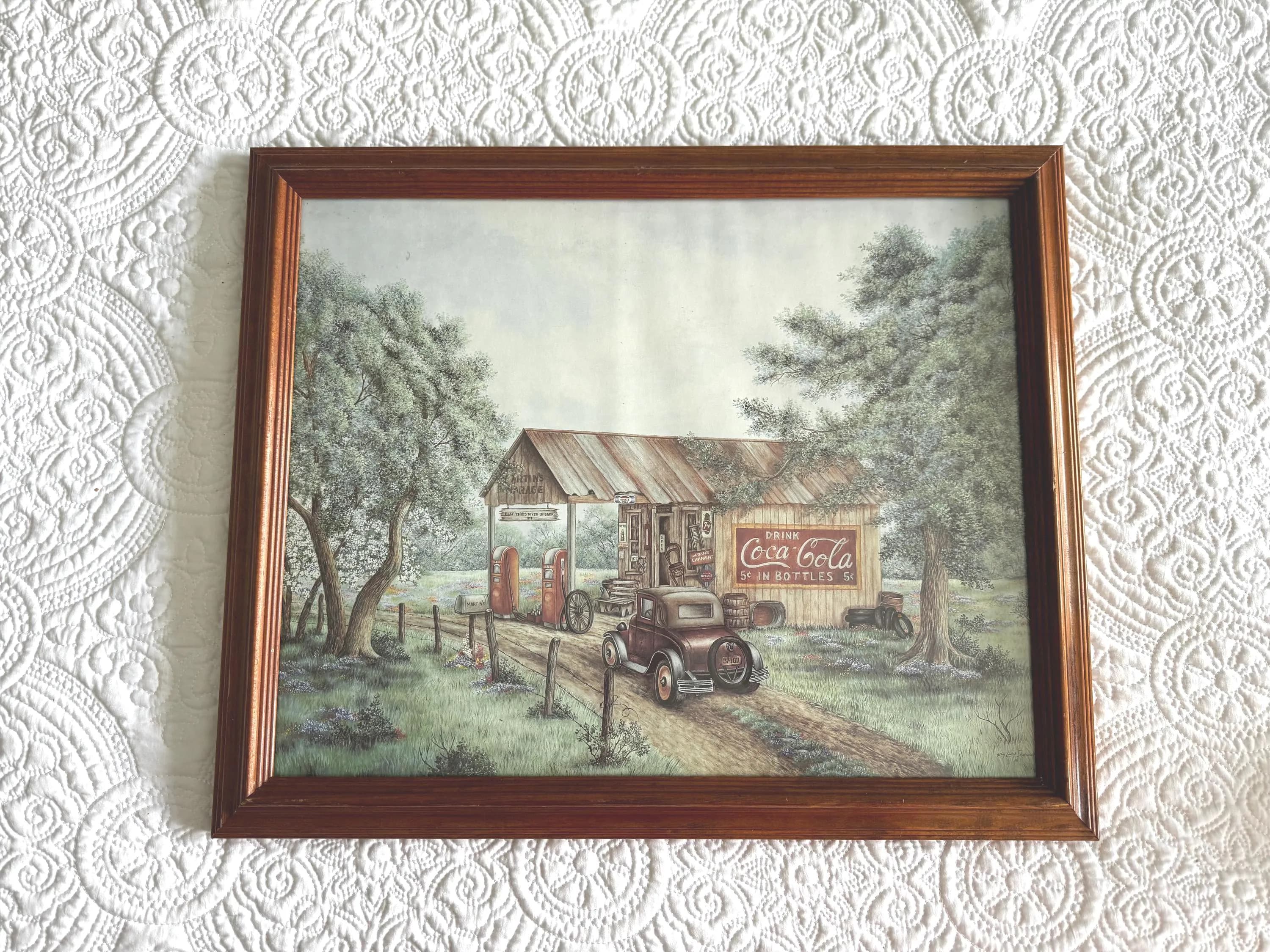 Vintage 1994 Kay Lamb Shannon Martin's Garage Coca Cola Lithograph Framed Americana Country Store Art