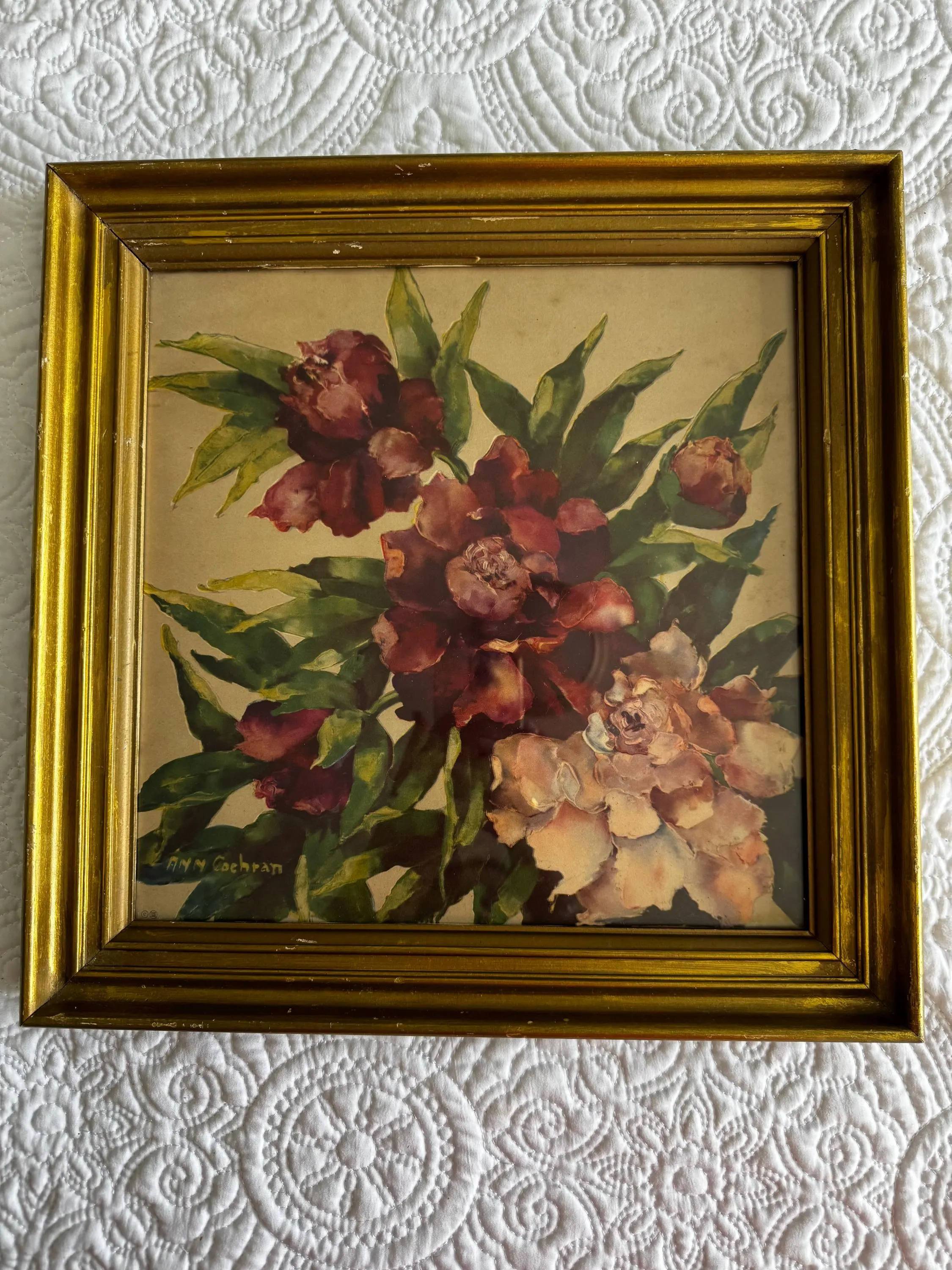 Vintage Ann Cochran Floral Print Gold Frame 1940s Mid Century Flower Wall Art - image 3