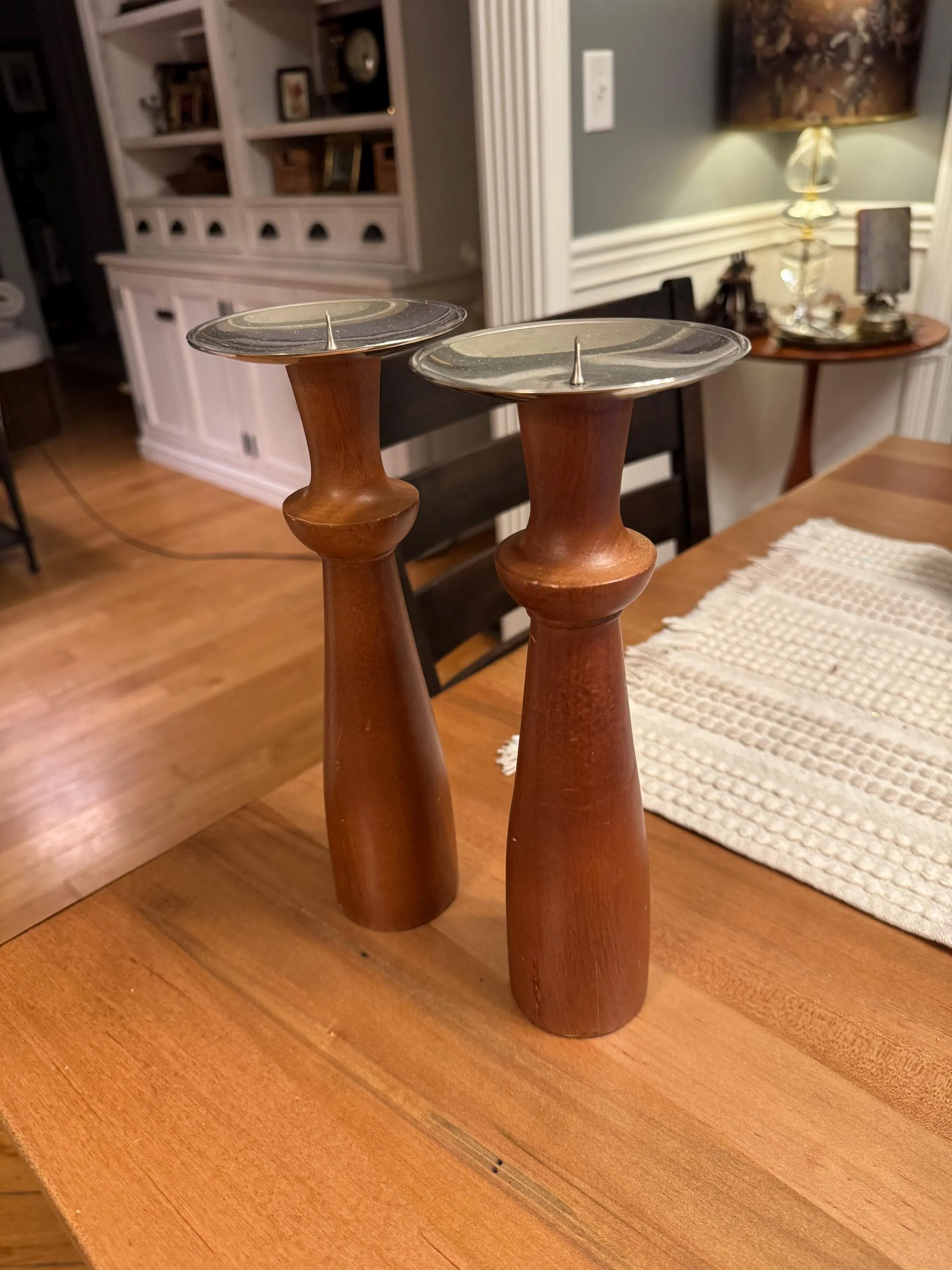 Pair of MCM Teak Wood and Metal Pillar Candle Holders