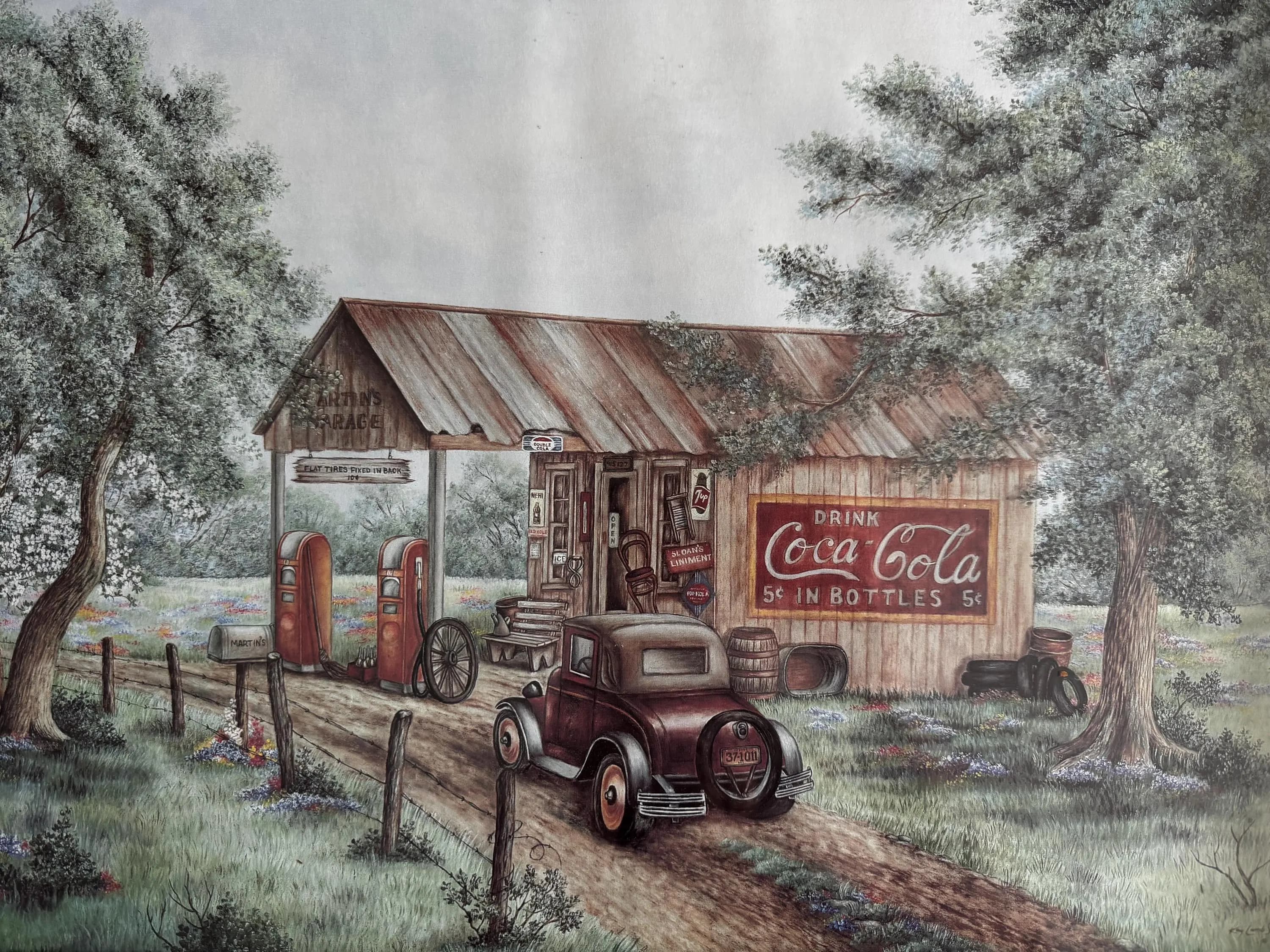Vintage 1994 Kay Lamb Shannon Martin's Garage Coca Cola Lithograph Framed Americana Country Store Art - image 4