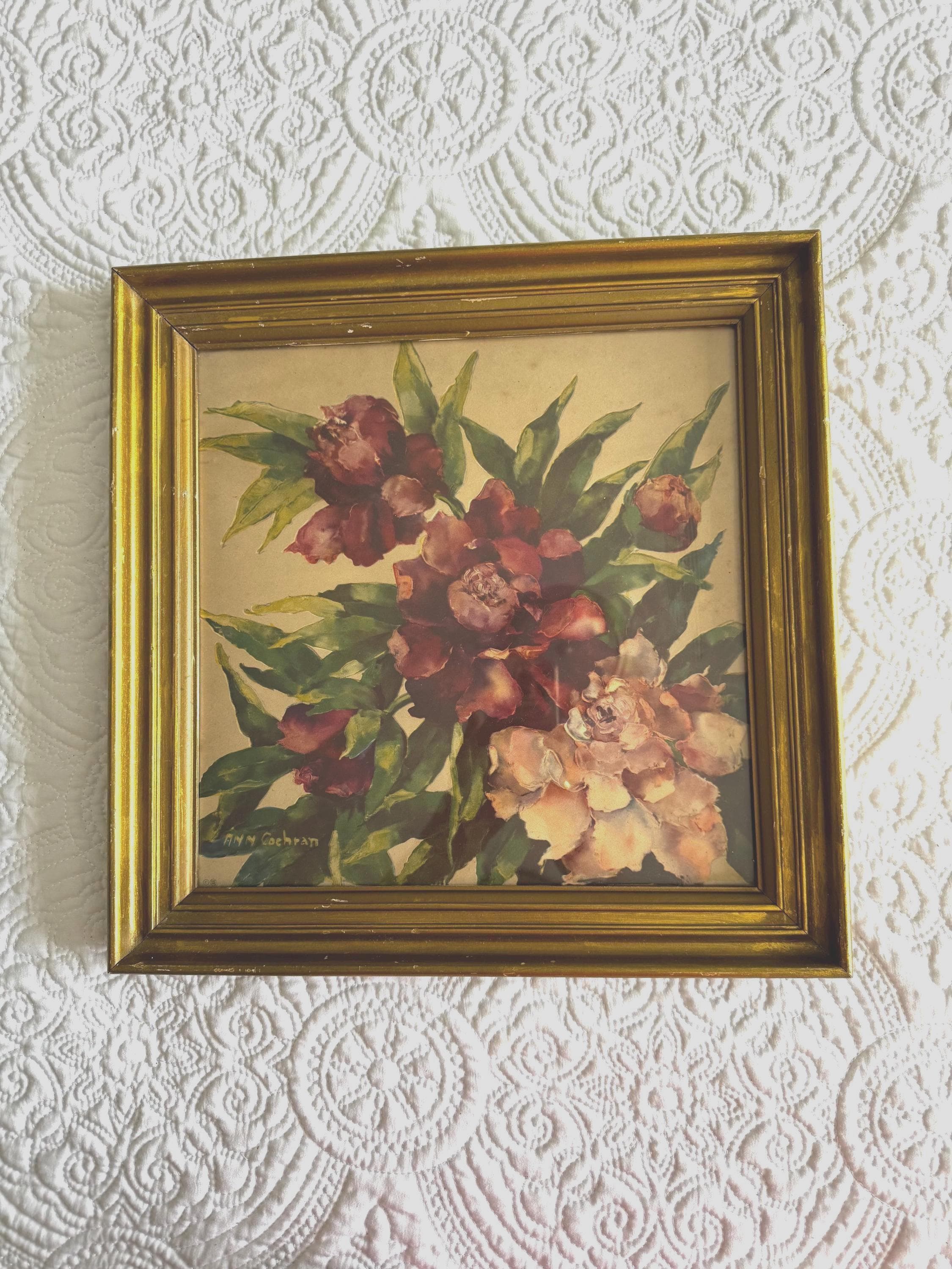 Vintage Ann Cochran Floral Print Gold Frame 1940s Mid Century Flower Wall Art