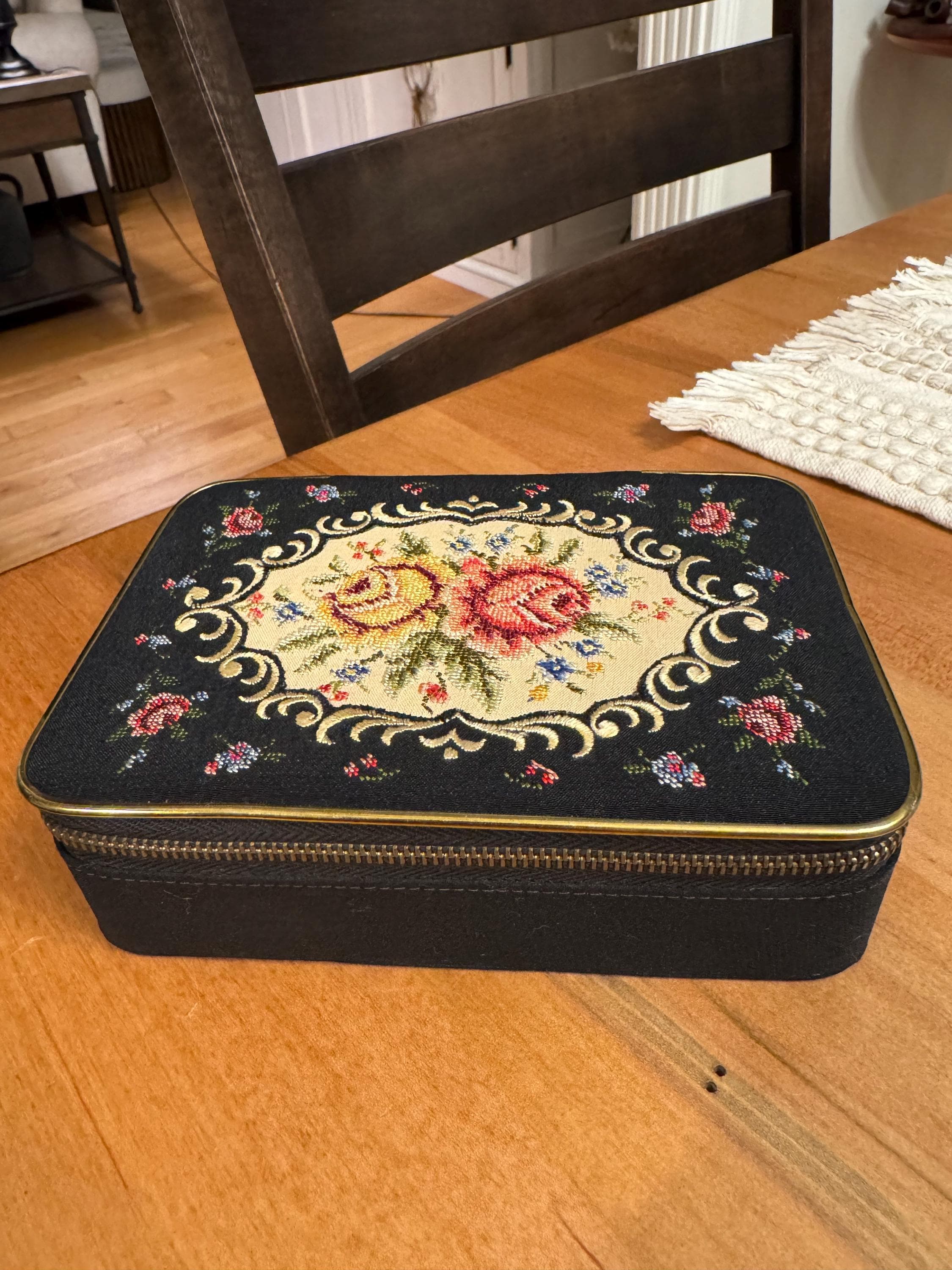 Vintage Tapestry Floral Needlepoint Travel Sewing Kit Box - image 3