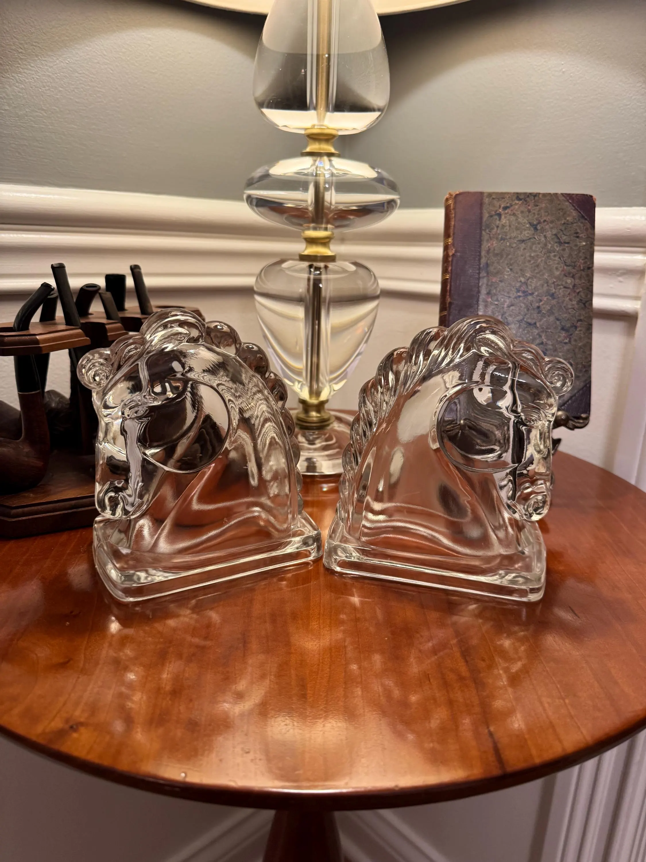 Vintage Clear Pressed Glass Horse Head Bookends by Federal Glass