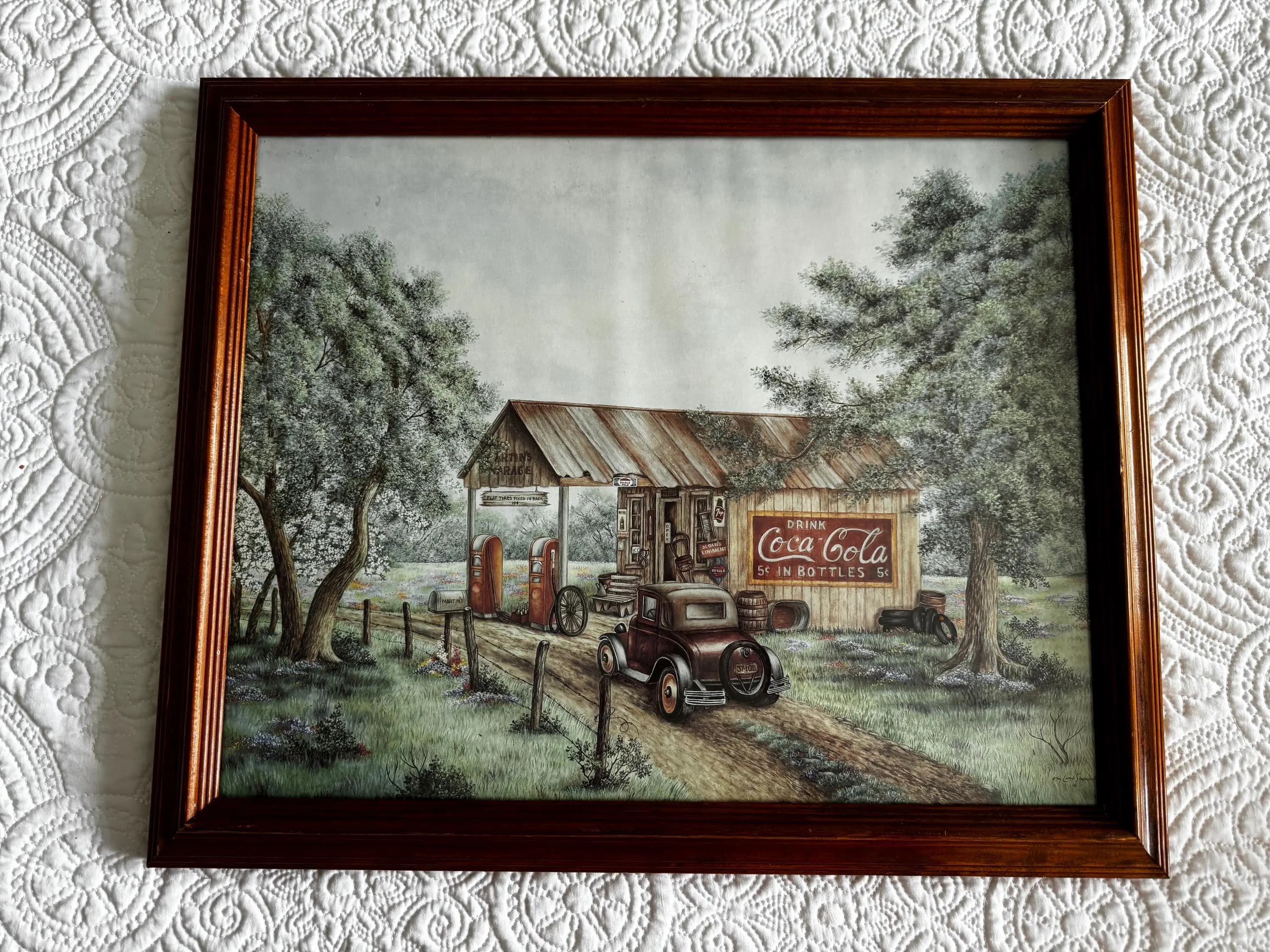 Vintage 1994 Kay Lamb Shannon Martin's Garage Coca Cola Lithograph Framed Americana Country Store Art - image 3