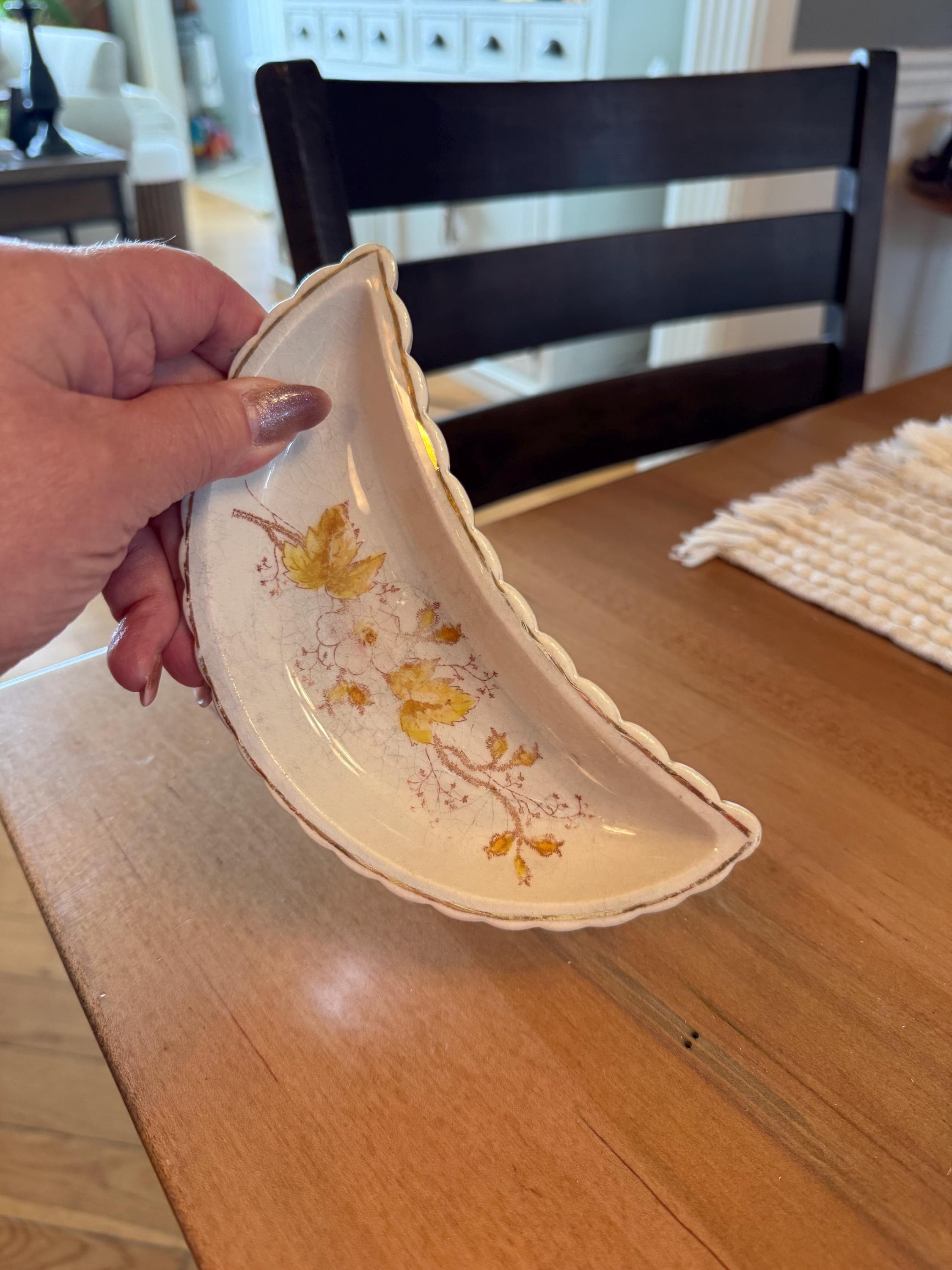 Antique Porcelain Bone Dish with Florals and Gold Trim
