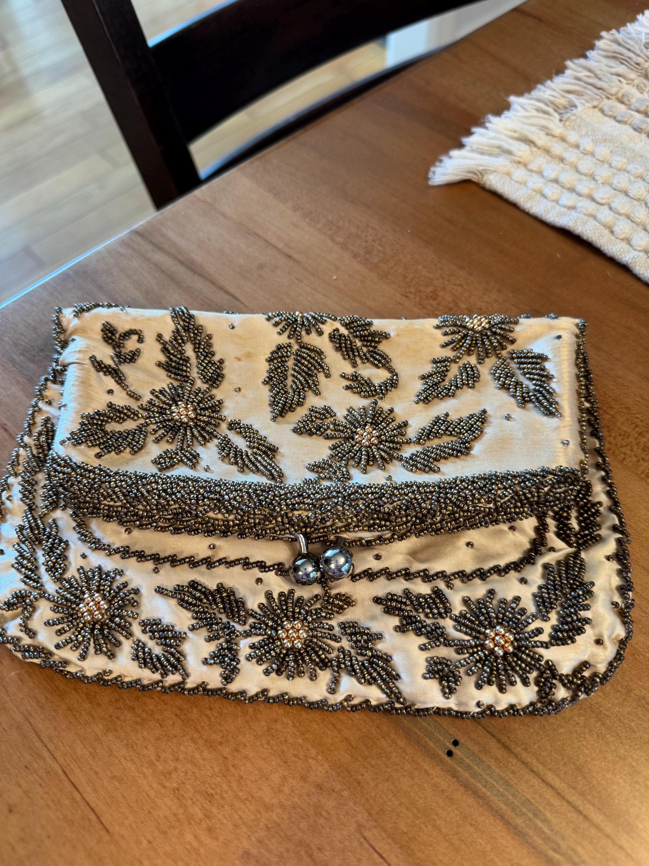 Vintage Satin Evening Clutch Purse with Intricate Metallic Beadwork - image 3