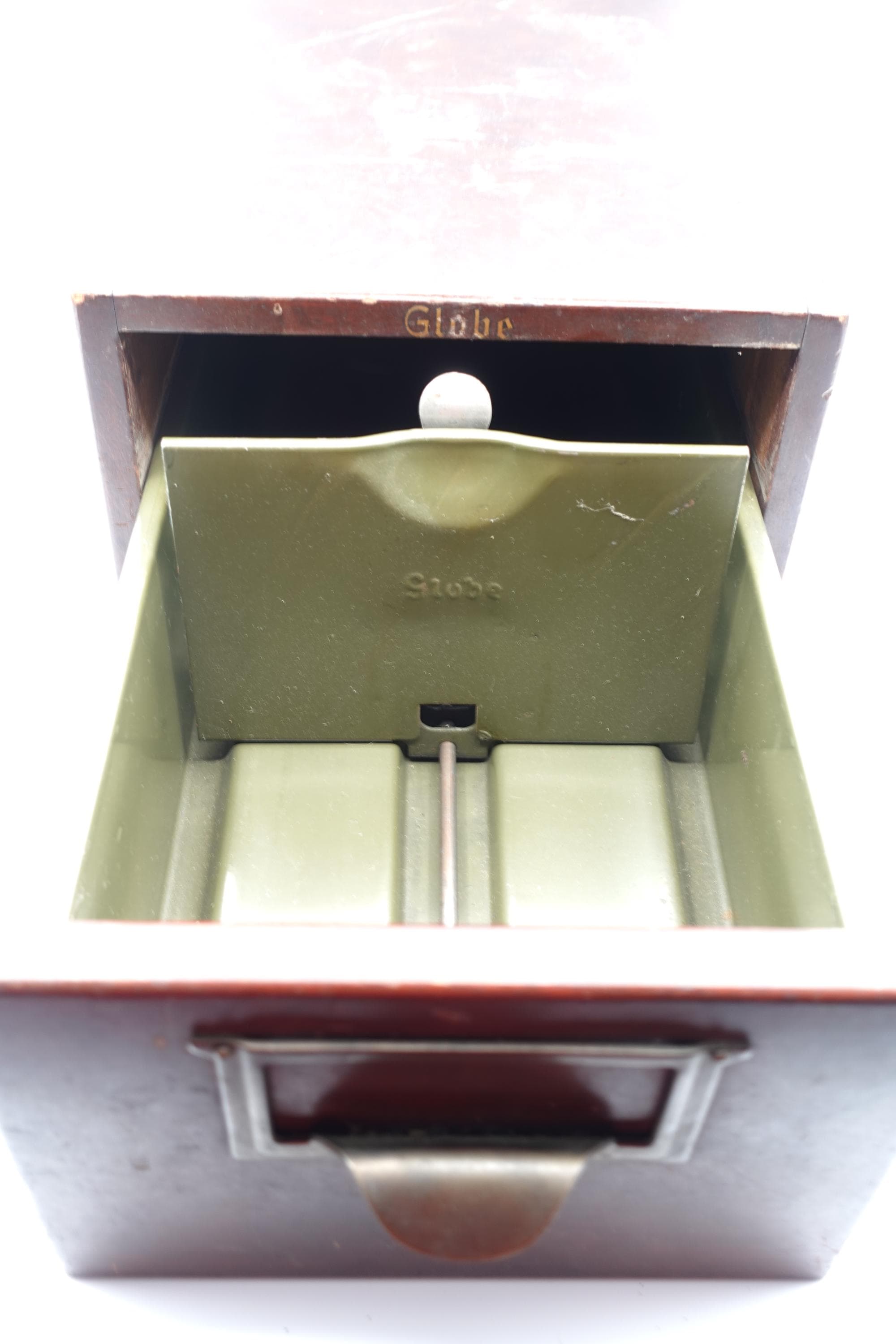 Antique Globe Wood Card Index File Drawer Vintage Oak Card Catalog Office Storage Brass Pull