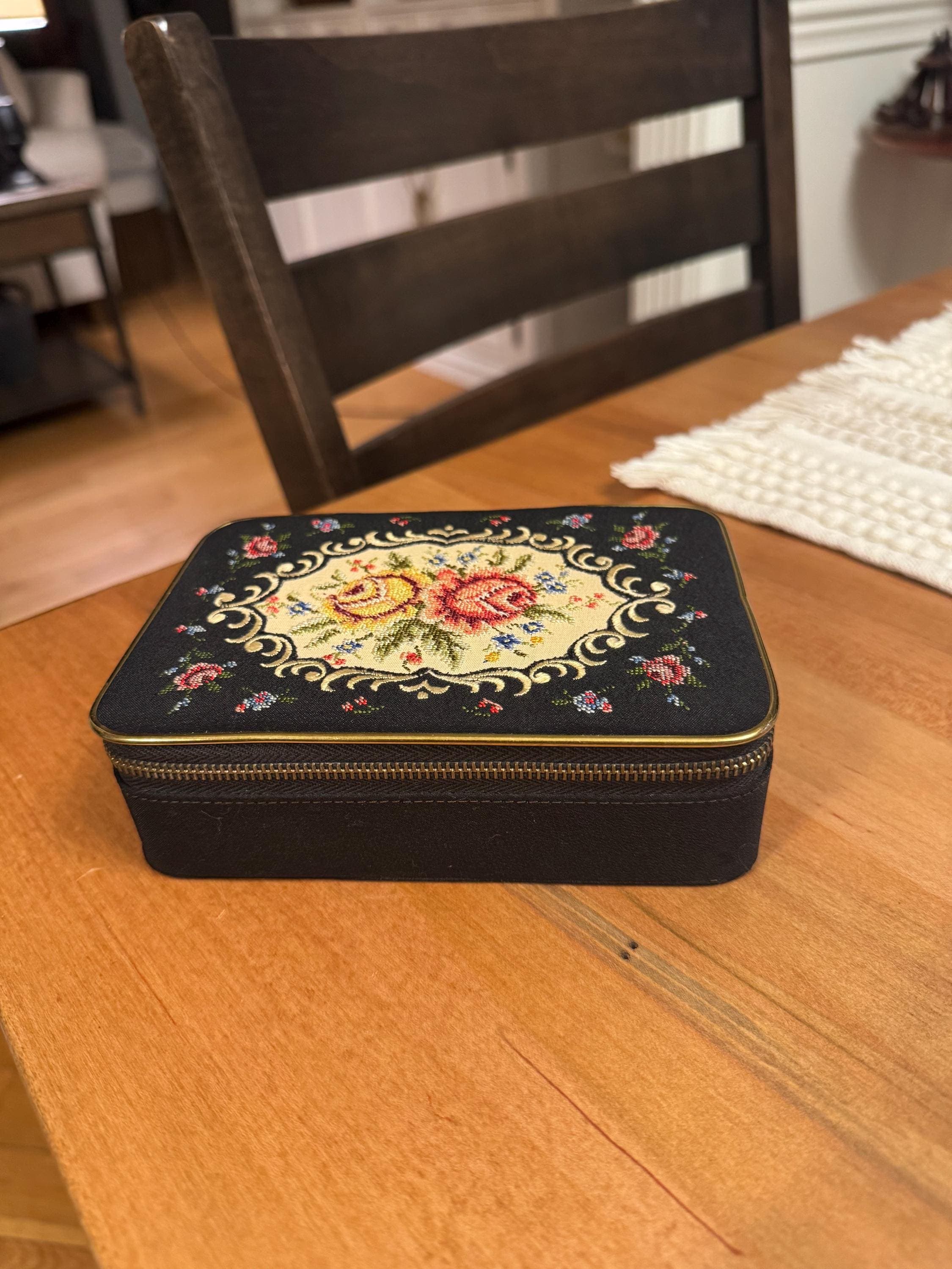 Vintage Tapestry Floral Needlepoint Travel Sewing Kit Box