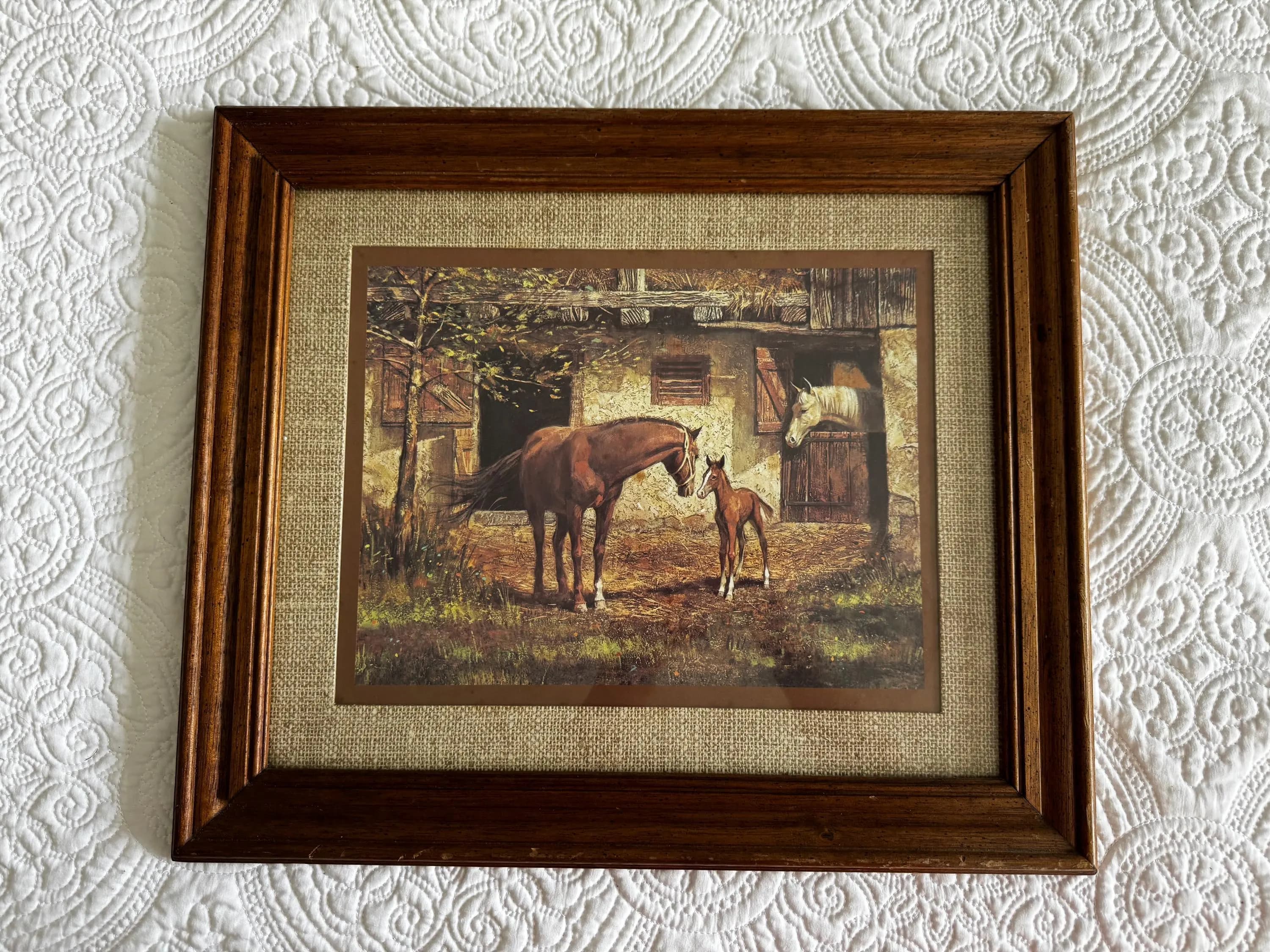 Vintage Mare and Foal Framed Print | Horse Stable Equestrian Wall Art | Rustic Farmhouse Country Decor
