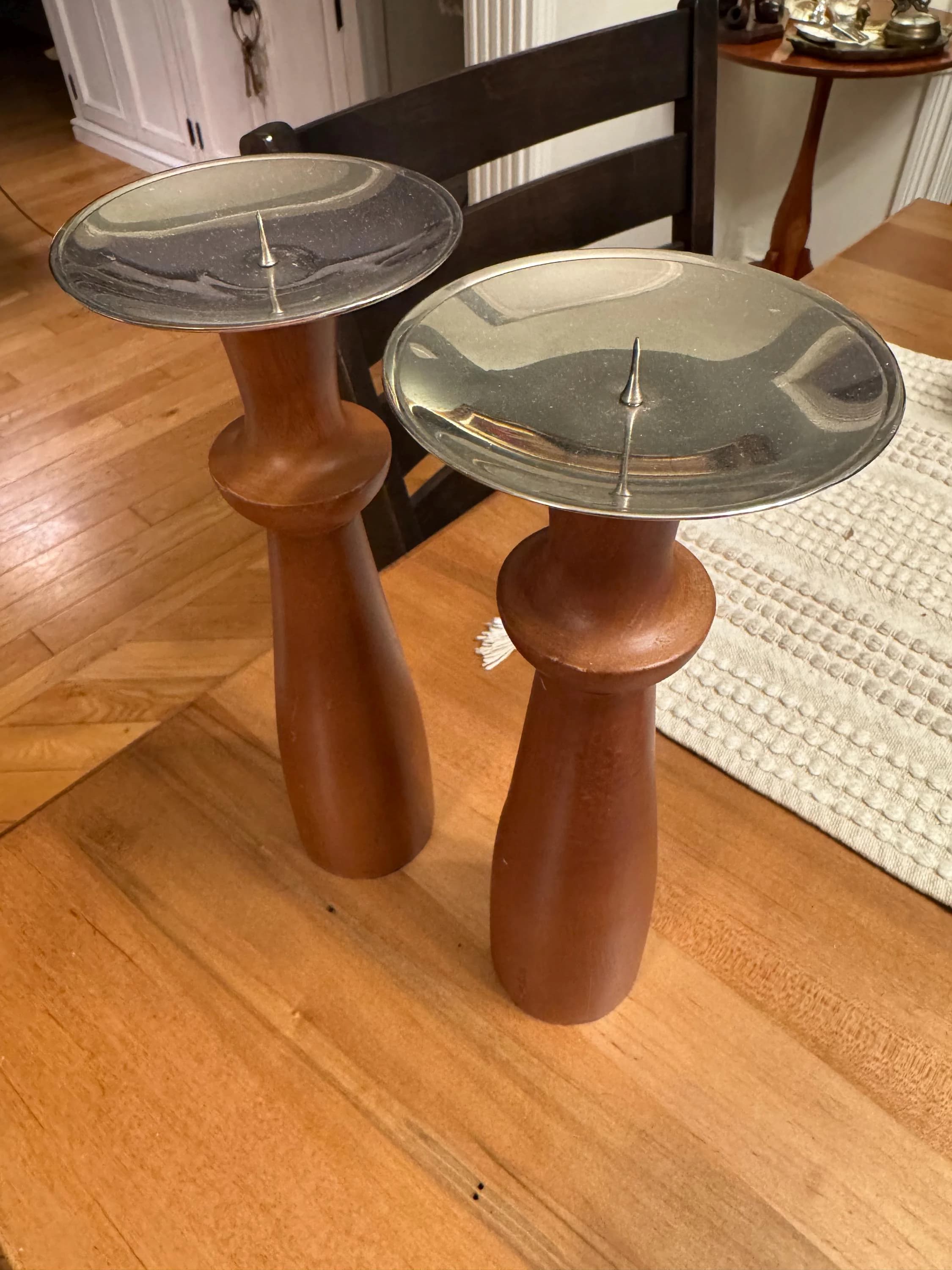 Pair of MCM Teak Wood and Metal Pillar Candle Holders - image 3