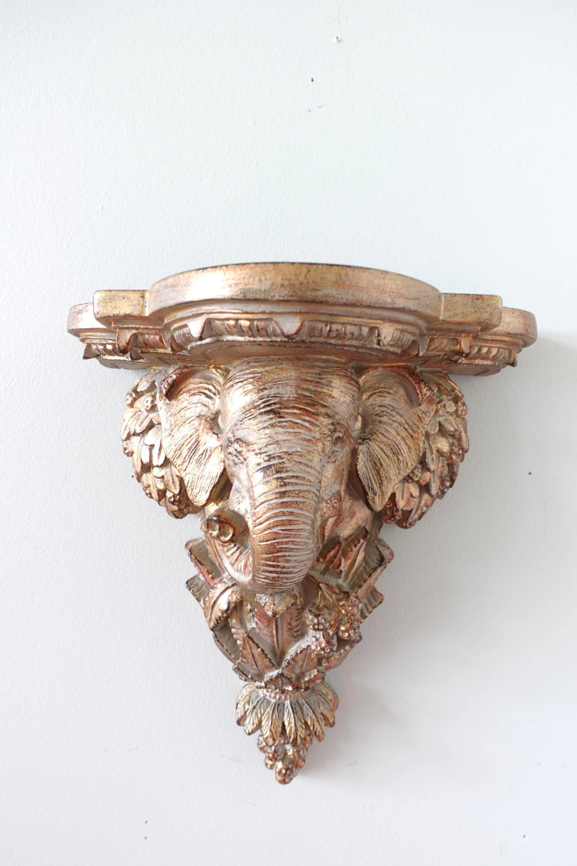 Pair Vintage Elephant Wall Corbels Gold Ornate Shelves Hollywood Regency Decor