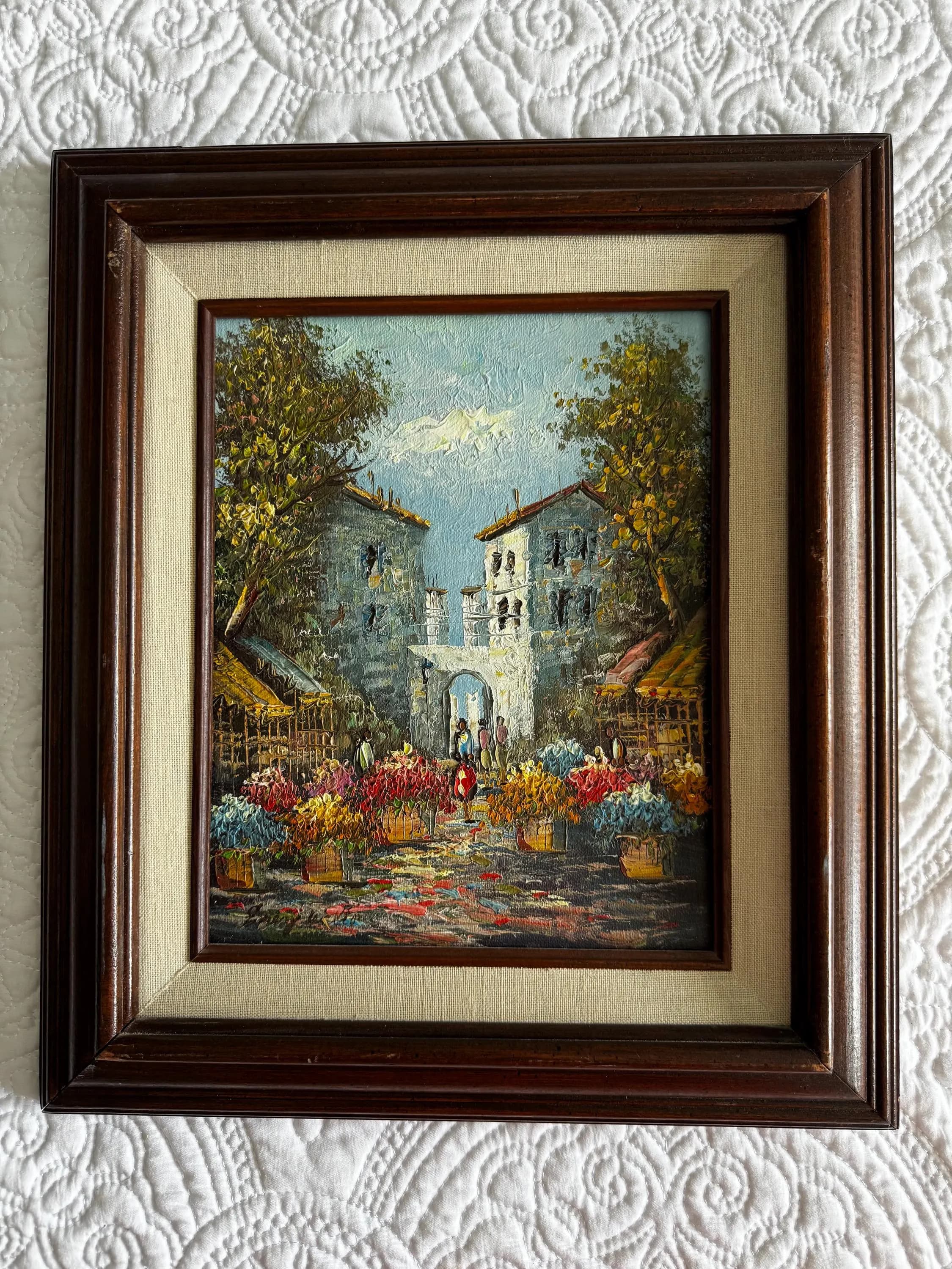 Vintage Original Oil Painting European Flower Market | Impasto Street Scene | Framed Mid Century Art - image 4