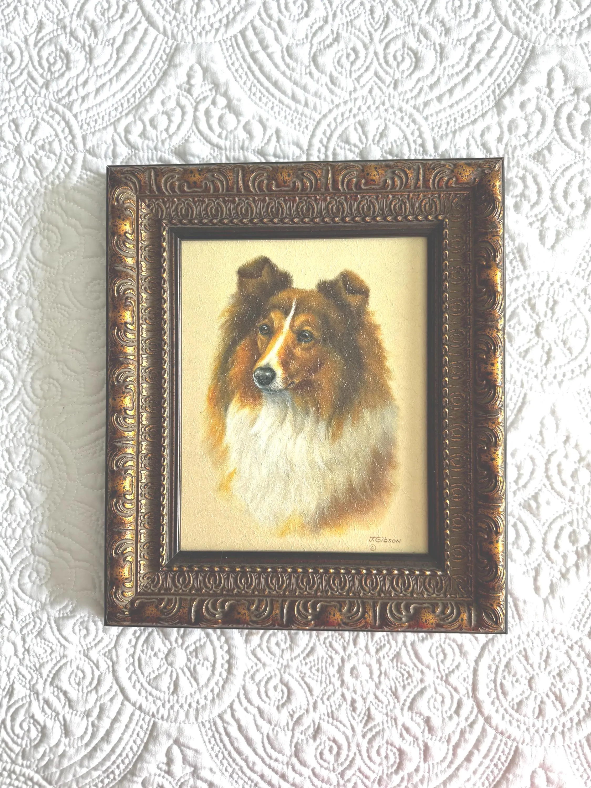 Vintage Collie Dog Portrait J Gibson Framed Art | Sheltie Lassie Style Dog Print | Ornate Gold Frame | Traditional English Decor