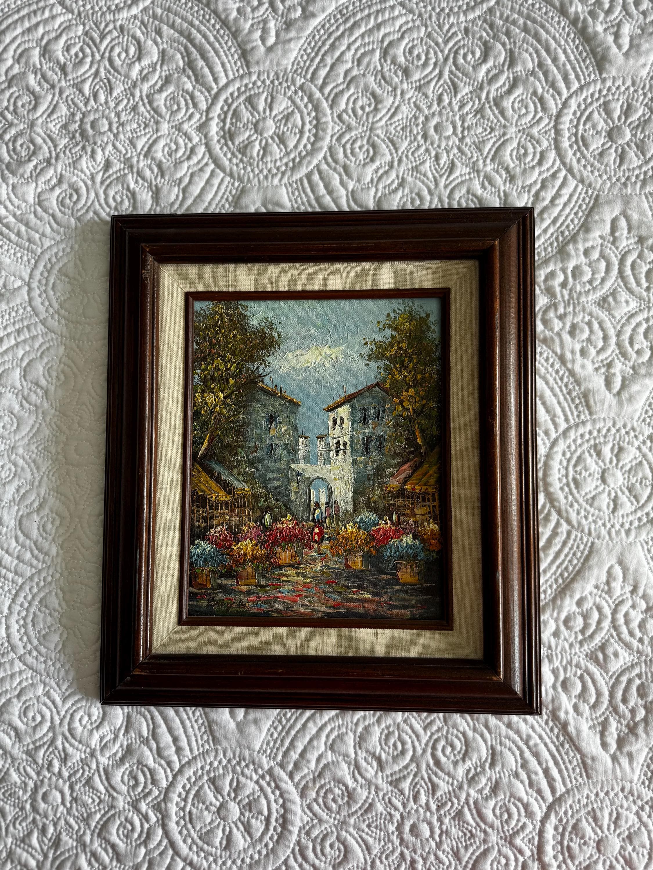 Vintage Original Oil Painting European Flower Market | Impasto Street Scene | Framed Mid Century Art - image 3